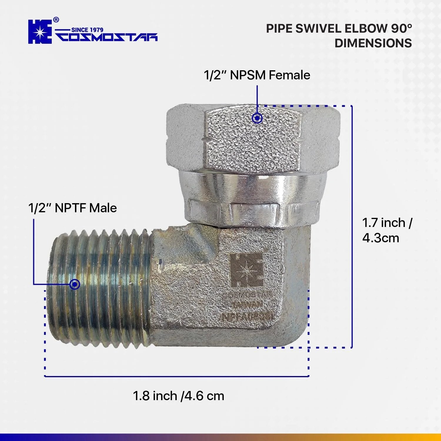 One Half Inch NPTF Male To One Half Inch NPSM Swivel Elbow 90 Degree Hydraulic Adapter For Hydraulic Hoses And Valves Carbon Steel With Zinc Plating Rust Resistant And Durable Cosmostar, shown in a detailed side view with measurement annotations.