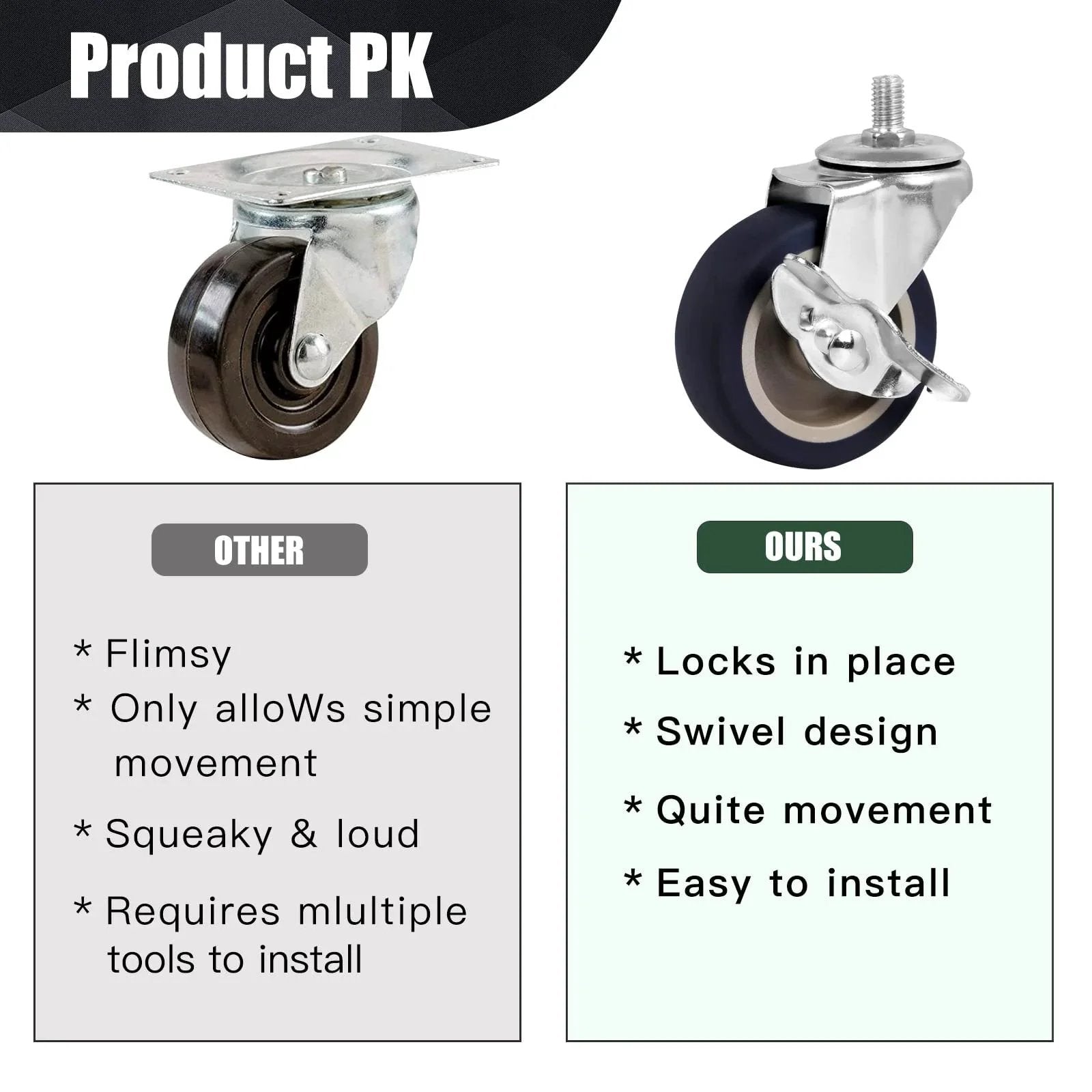 Comparison of heavy duty 3 inch stem casters with brakes and regular casters, highlighting swivel design and locking feature.