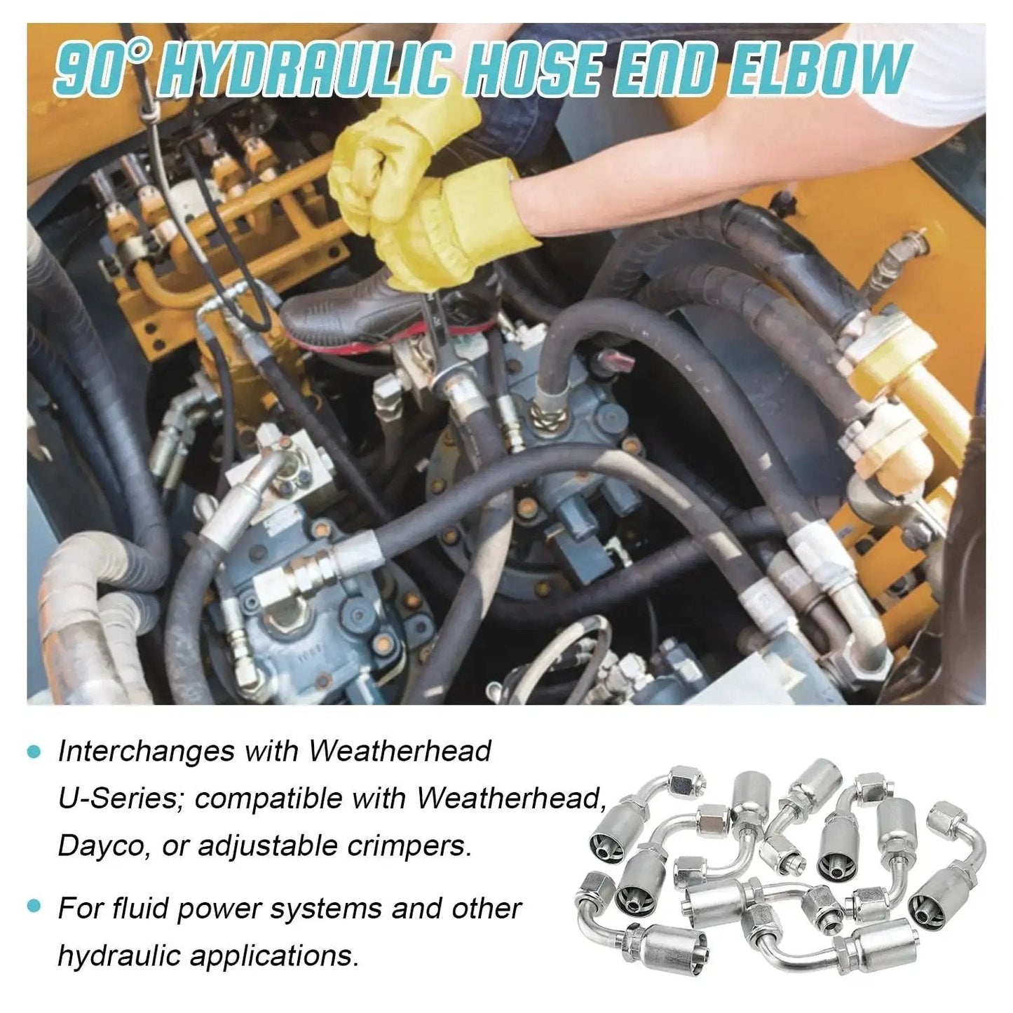 10 Piece 90 Degree Hydraulic Hose Fittings For Three Eighths Inch Hose To Three Eighths Inch JIC 37 Degree Female End Elbow Crimp Fittings Compatible With Weatherhead U-Series And Dayco Carbon Steel Construction Delivers Strength And Durability For Heavy shown in use with machinery and close-up of fittings