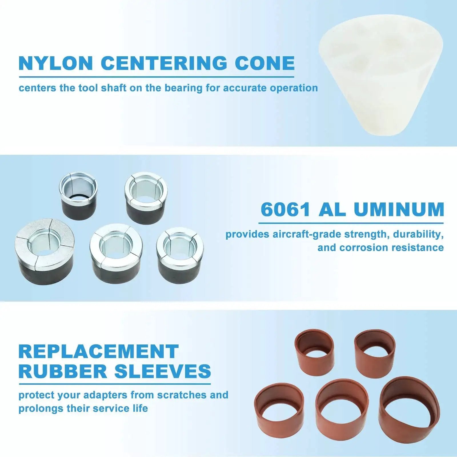 Universal Cam Bearing Removal and Installation Tool Set components with nylon centering cone, 6061 aluminum pieces, and rubber sleeves.