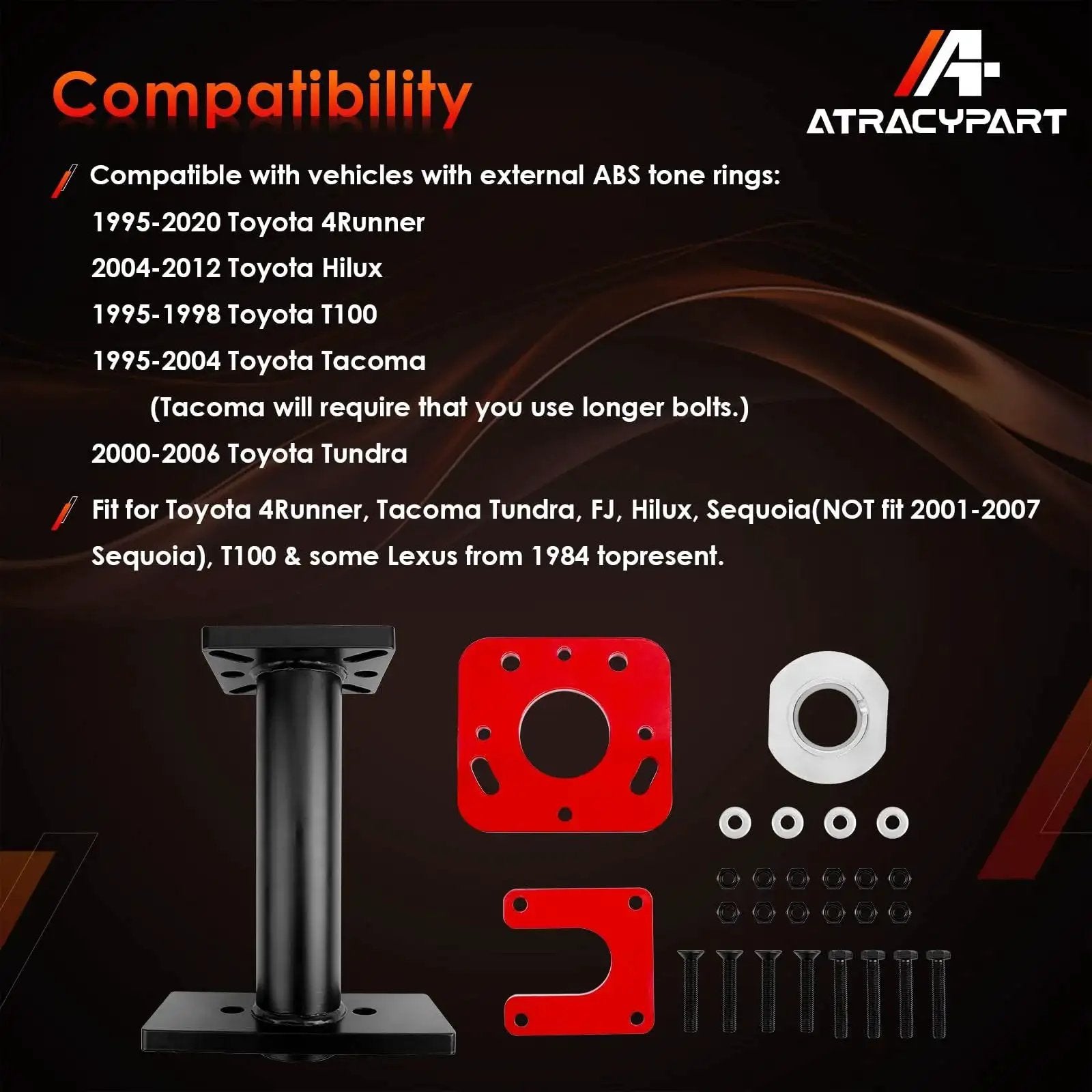 Compatibility chart for Rear Axle Bearing Puller And Installer Kit For ABS Tone Ring And Wheel Bearing Removal tool set and components.