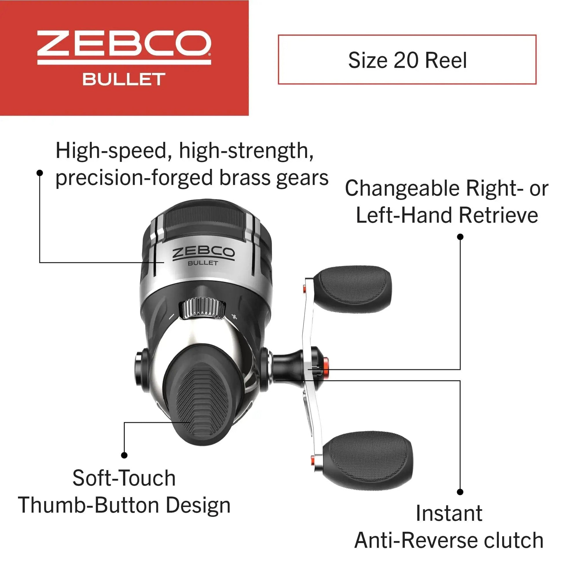 Bullet Spincast Fishing Reel With 28.9 Inches Per Turn Fast Retrieve 5.8 To 1 Gear Ratio All Metal Construction Solid Brass Pinion Gear Pre Spooled With 6 Pound Line Size 20 Black By Zebco, featuring soft-touch button and reversible retrieve option