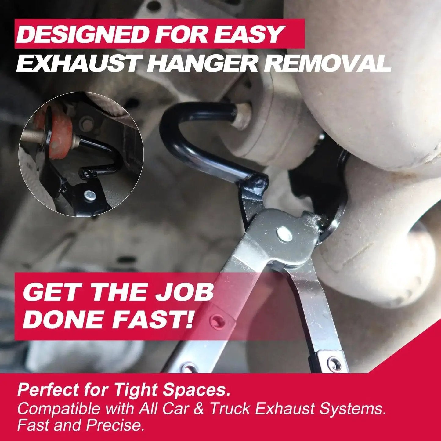 Exhaust Hanger Removal Tool Non Slip Grip Heavy Duty 25 Degree Offset Jaw in use on car exhaust system.
