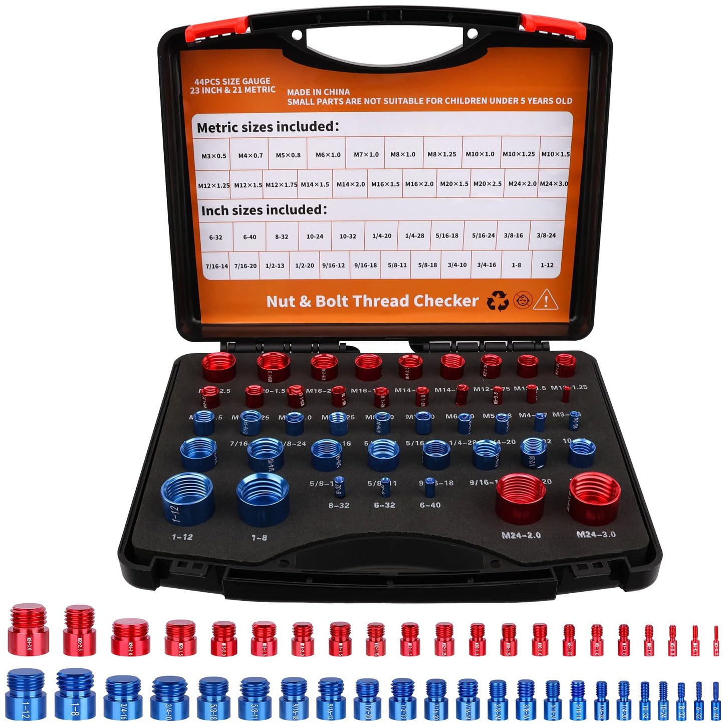 44 Piece Nut And Bolt Thread Checker Kit With 21 Metric And 23 Inch Gauges For Tight Spots, Thread Gauge Tool For Inspecting Bolts And Threaded Holes, Foam Storage Case