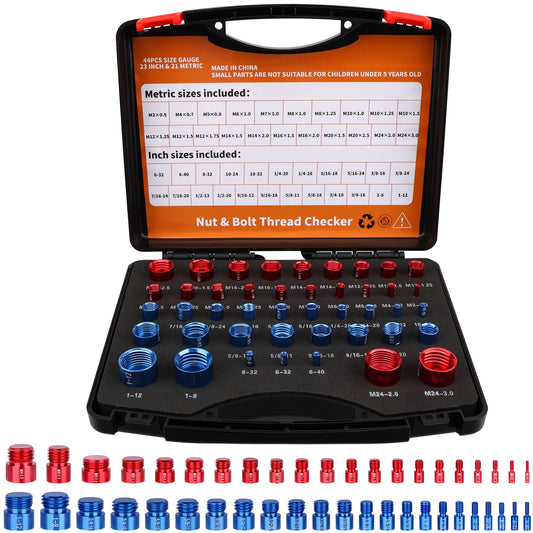 44 Piece Nut And Bolt Thread Checker Kit With 21 Metric And 23 Inch Gauges For Tight Spots, Thread Gauge Tool For Inspecting Bolts And Threaded Holes, Foam Storage Case