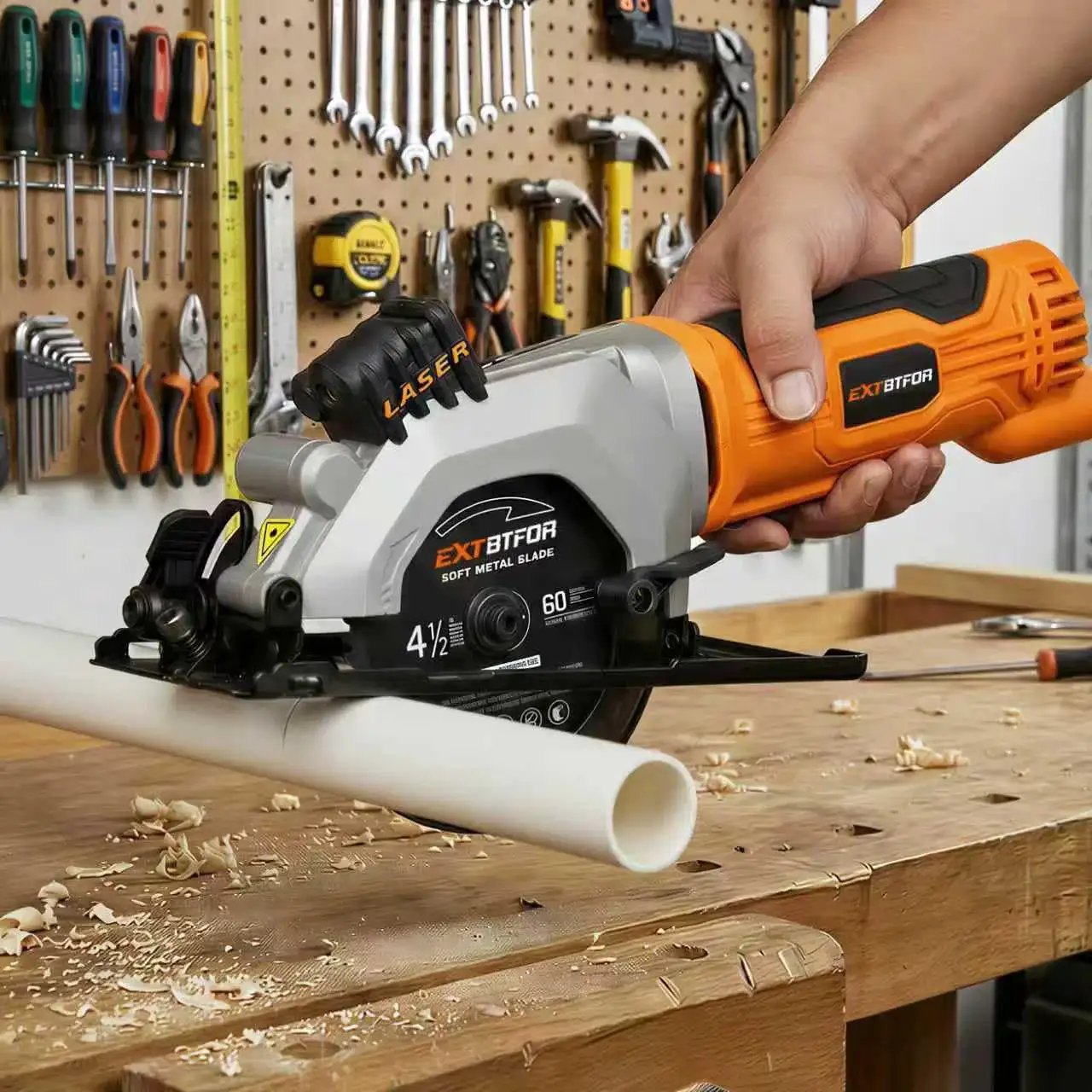 Powerful Corded Mini Circular Saw With Laser Guide Extbtfor, 580W motor, cutting a plastic pipe on a workbench.