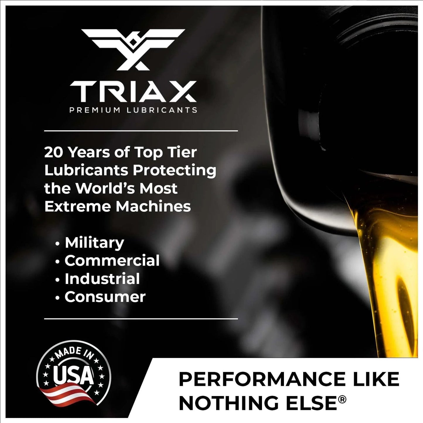 Triax lubricant advertisement highlighting 20 years of experience and diverse applications with Made in USA seal.