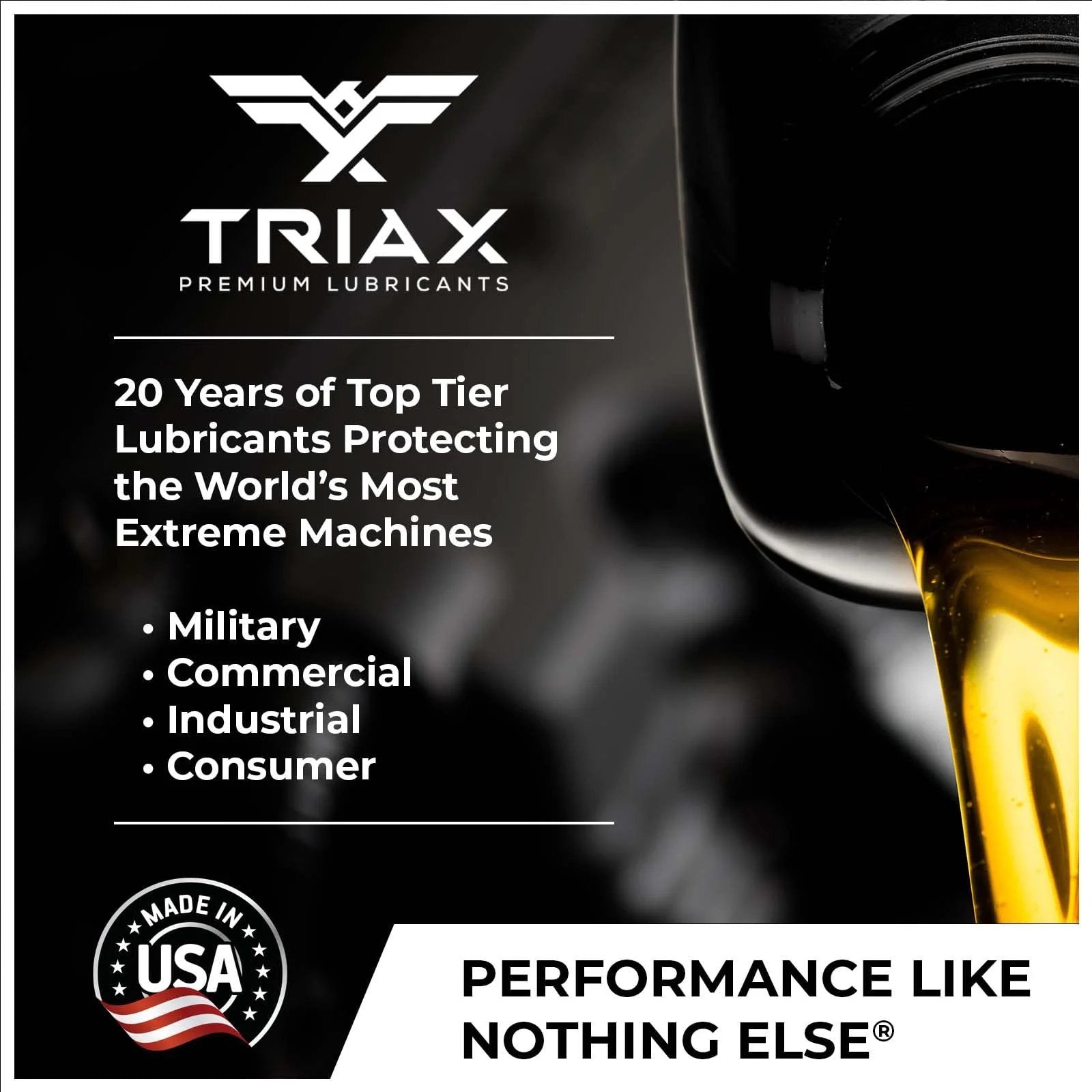 Triax lubricant advertisement highlighting 20 years of experience and diverse applications with Made in USA seal.