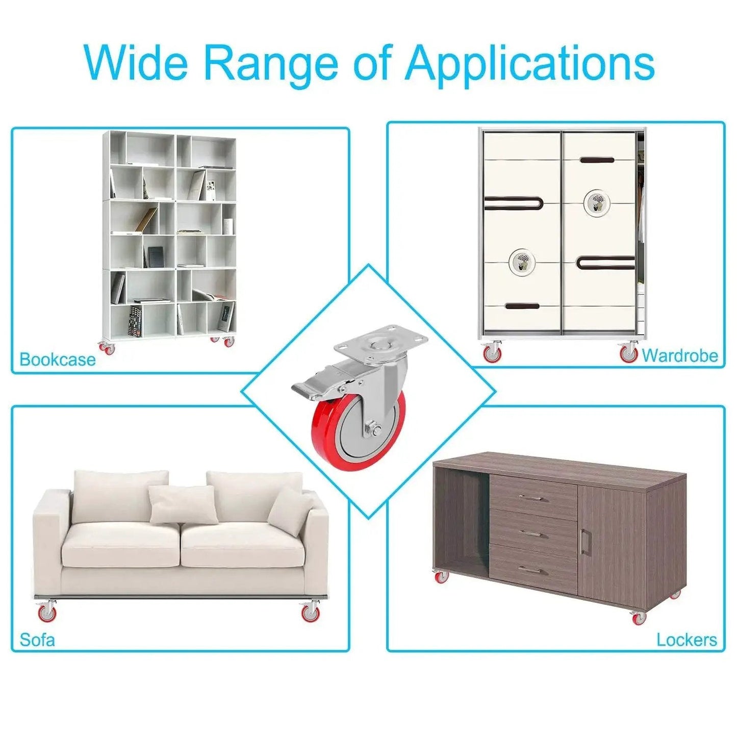 Diagram showing applications of 5 Inch Plate Caster Wheels Set Of 4 With Safety Dual Lock Brakes on furniture and equipment.