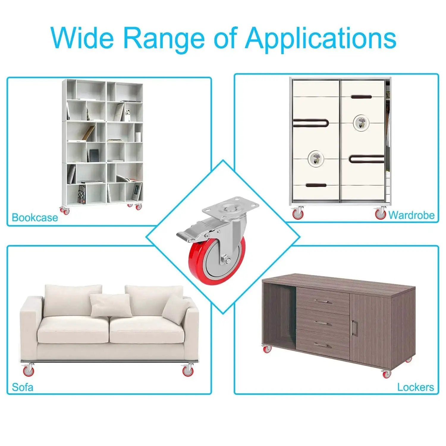 Diagram showing applications of 5 Inch Plate Caster Wheels Set Of 4 With Safety Dual Lock Brakes on furniture and equipment.