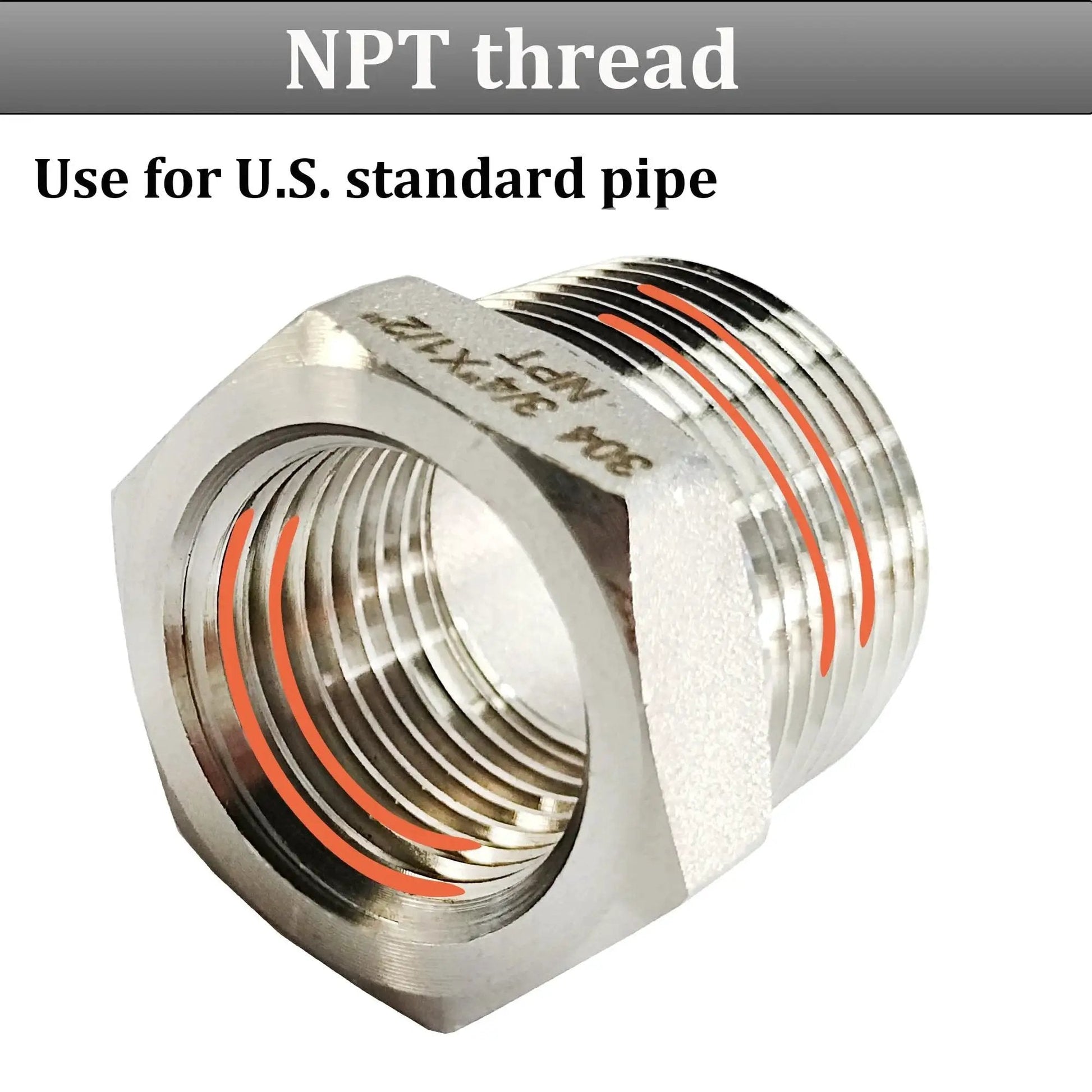 Heavy Duty 2 Pack Stainless Steel Hex Bushing Reducer 1/2 Inch MNPT To 1/4 Inch FNPT Pipe Fittings, close-up view