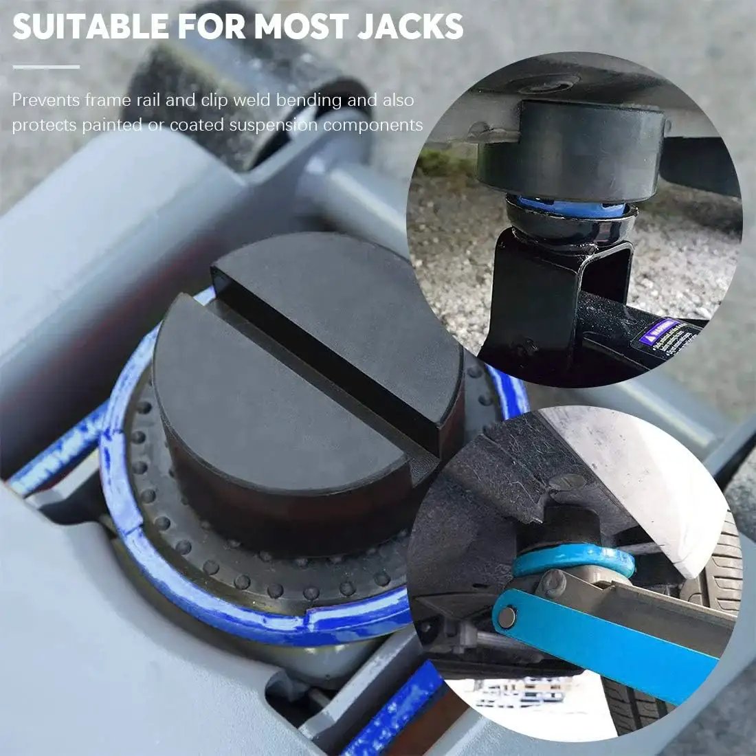 Universal Rubber Pads For Jack Stands Set 8 Pieces In 2 Types For Slotted Rails, shown installed on vehicle jacks