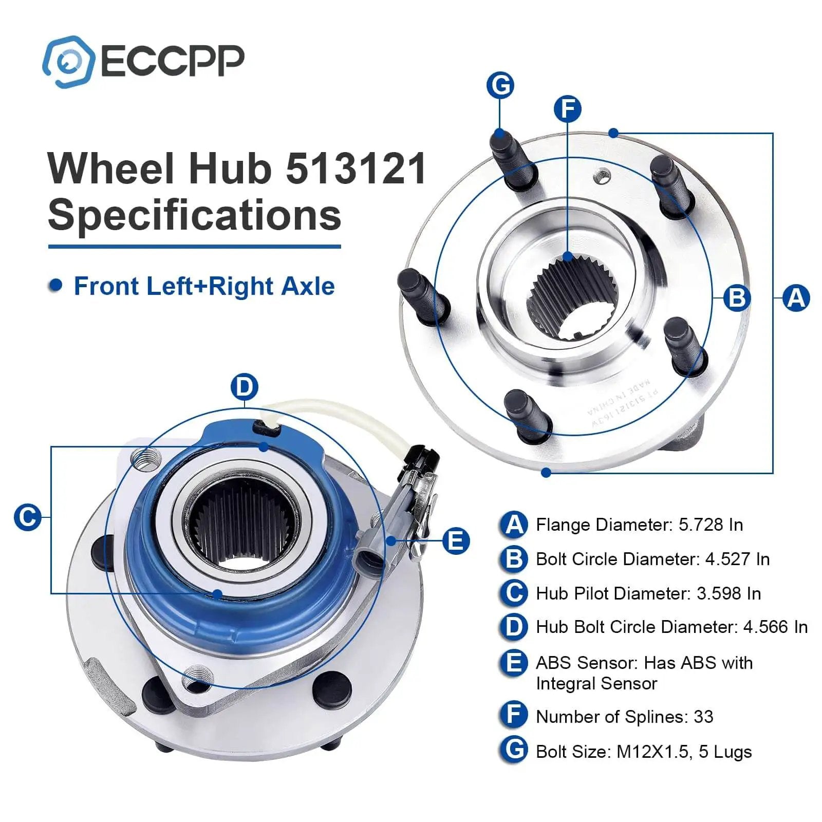 Diagram of Front Wheel Hub and Bearing Assembly w/ ABS Sensor, fits 1997-2013 Buick Cadillac Chevrolet Oldsmobile Pontiac