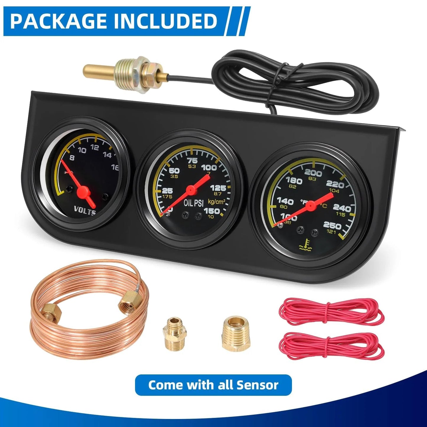 Pro Grade Triple Gauge Kit For Cars 52mm 2 Inch Voltmeter Oil Pressure Gauge 0 To 150 PSI And Water Temperature Gauge 100 To 280 Fahrenheit package