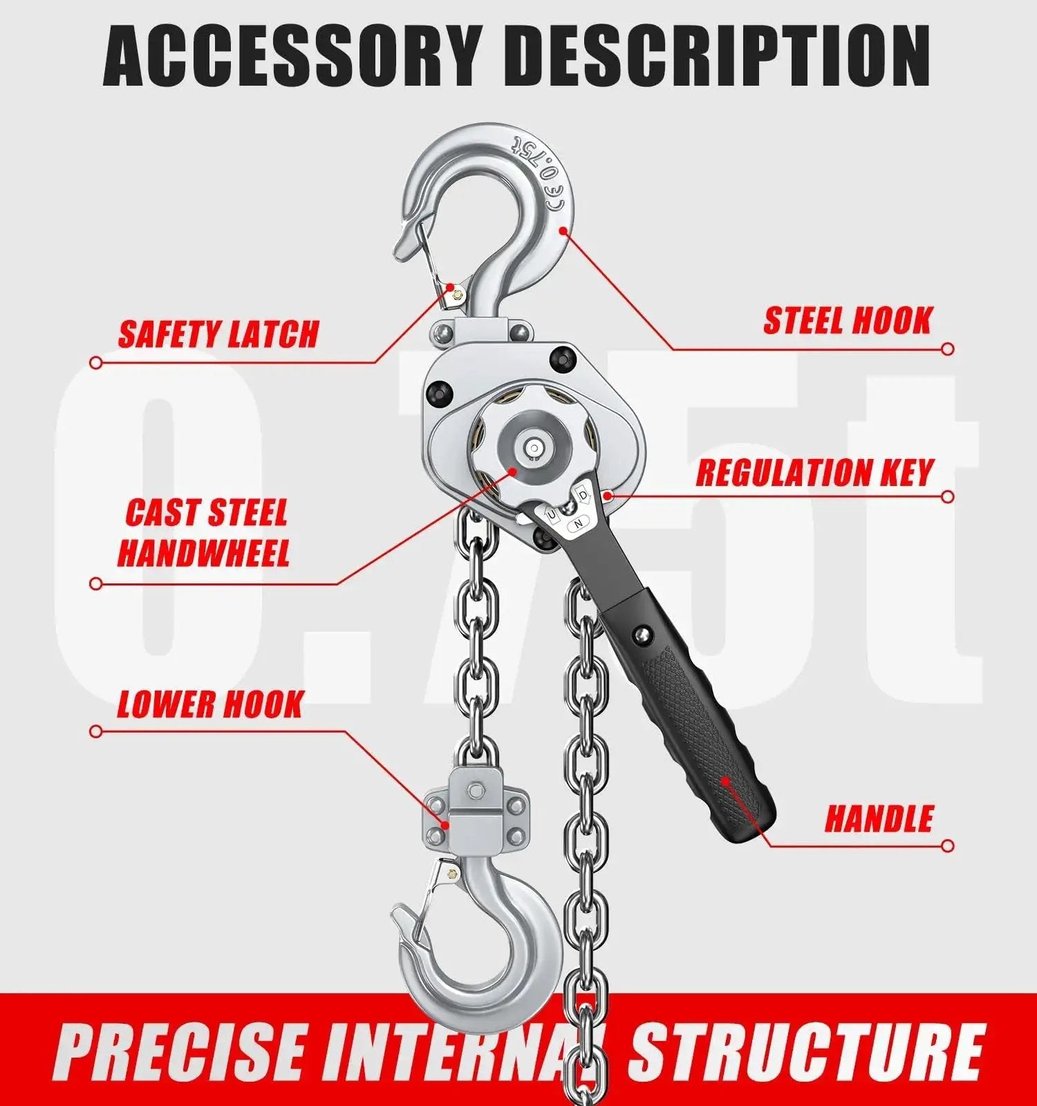 Diagram of Compact Mini Lever Hoist Three Quarter Ton Capacity 1650 Lbs 10 Ft Lift Aluminum Housing G80 Chain Dual Brake Puller
