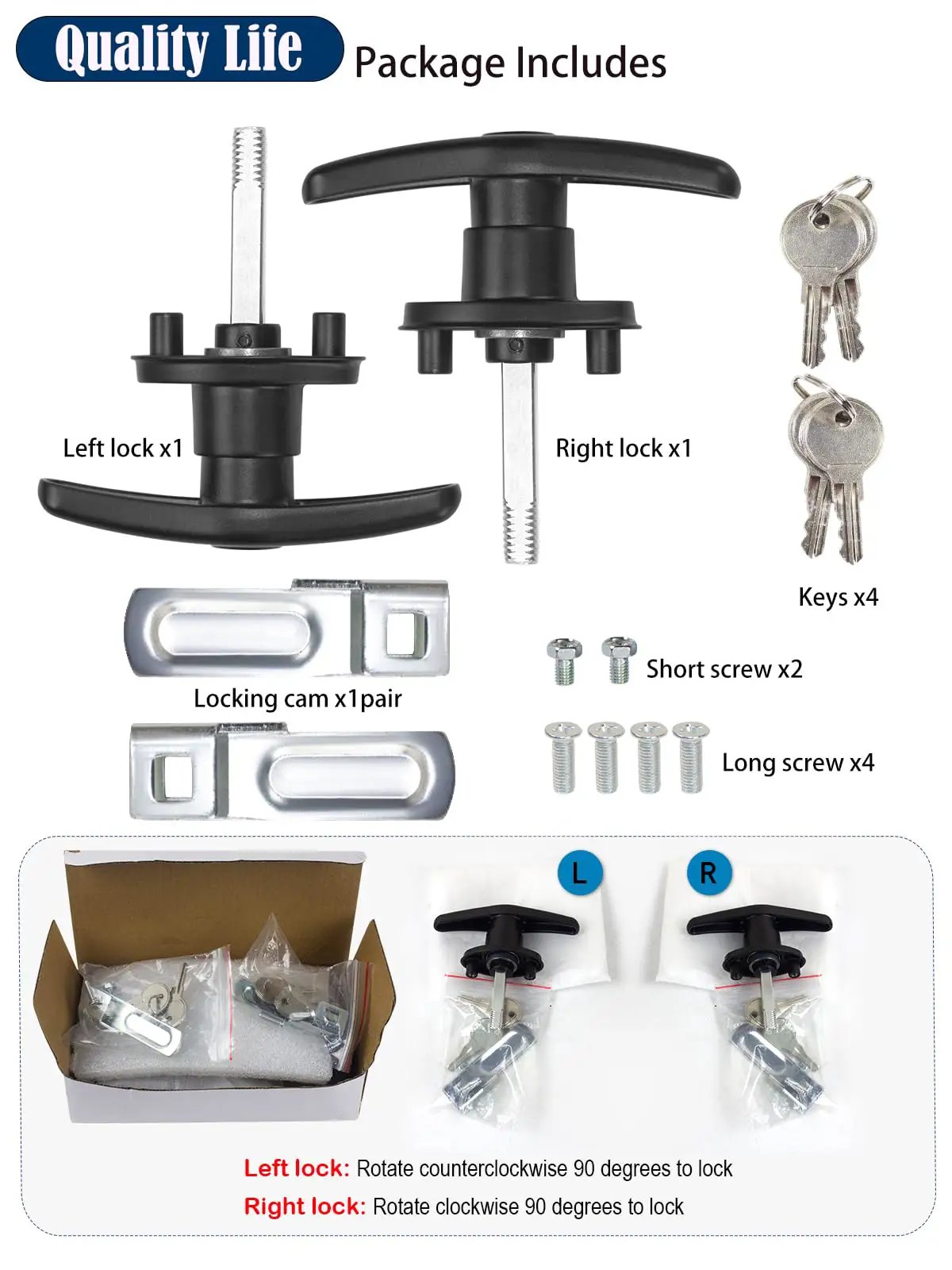 T-Handle Lock Kit for Truck Cap Camper Shell With Keys - Left And Right Lock Set parts, including locks, keys, and screws.