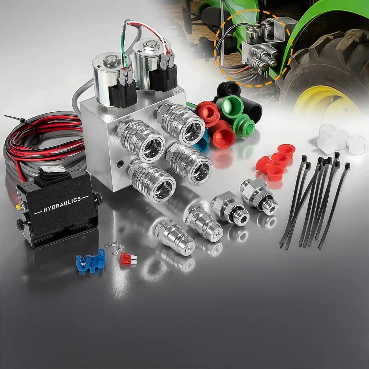 Hydraulic Multiplier Kit For Tractors With SCV Splitter Valve Two Circuit System 3000 PSI, installation components displayed