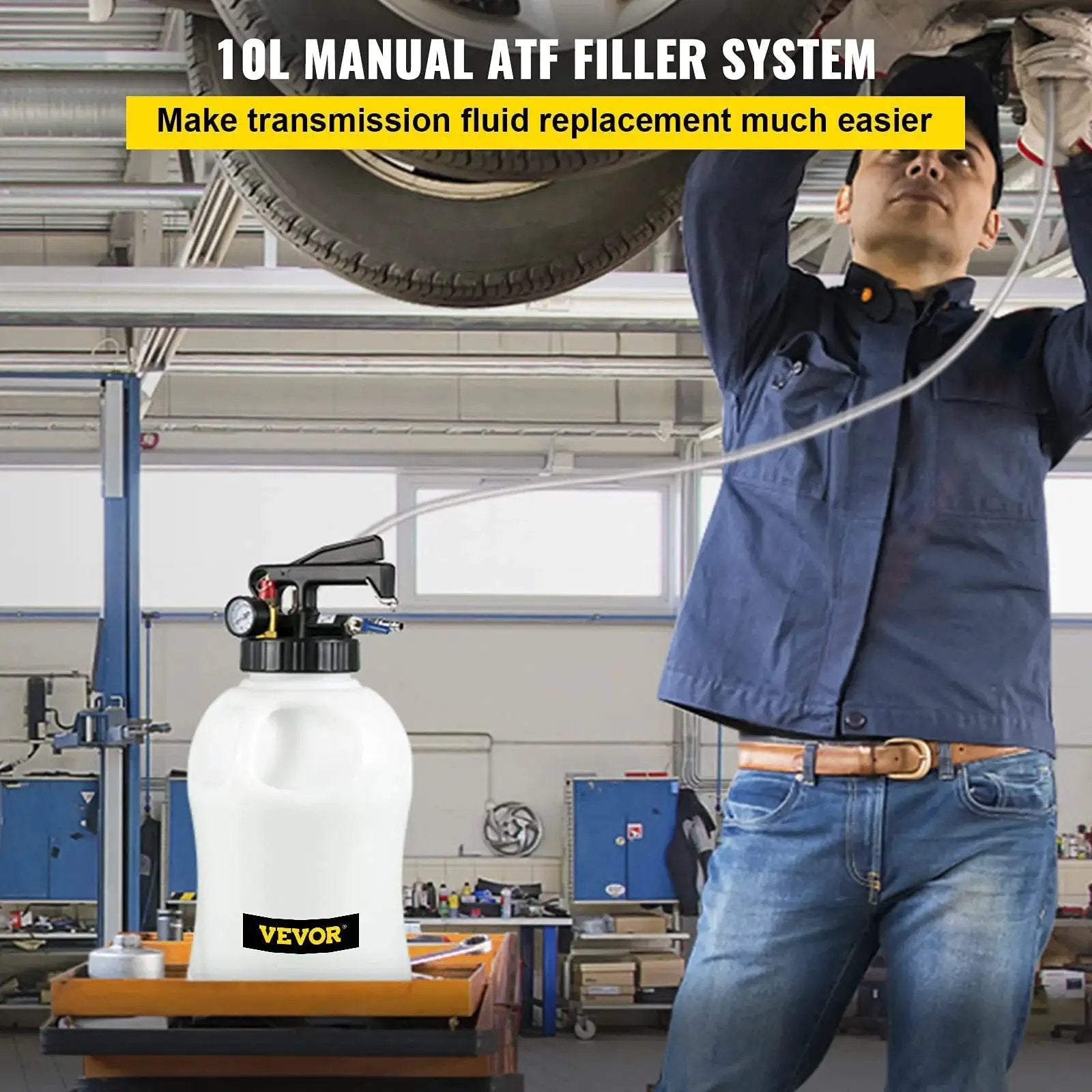 Mechanic using Two Way ATF Transmission Fluid Pump Dispenser Kit With 14 Adapters 10L Capacity in garage