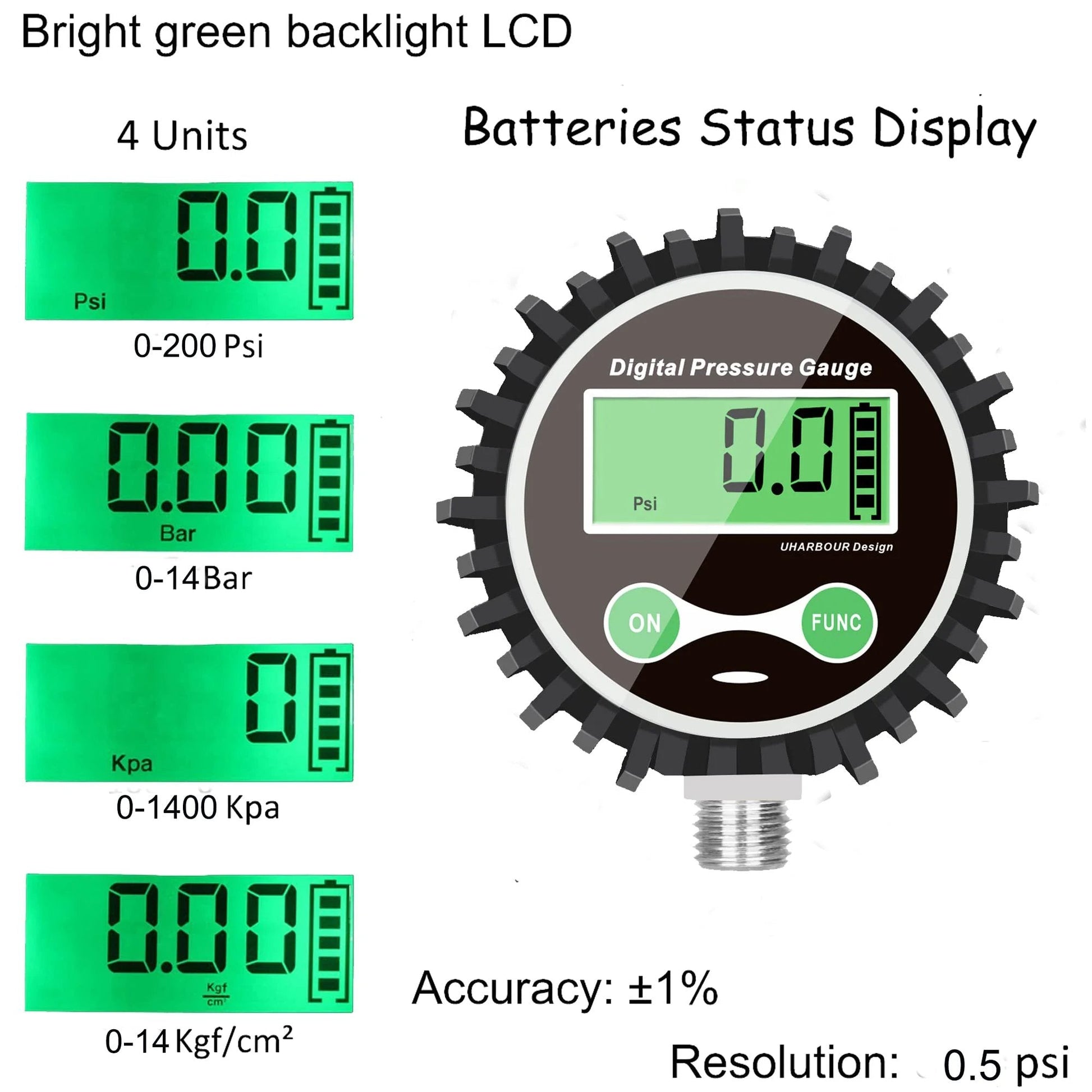 Digital Tire Pressure Gauge For Cars And Bikes With Rubber Protector And Quarter Inch NPT Bottom Connector Five To Two Hundred PSI Backlit LCD Auto Shutoff Battery Powered One Percent Accuracy Uharbour.