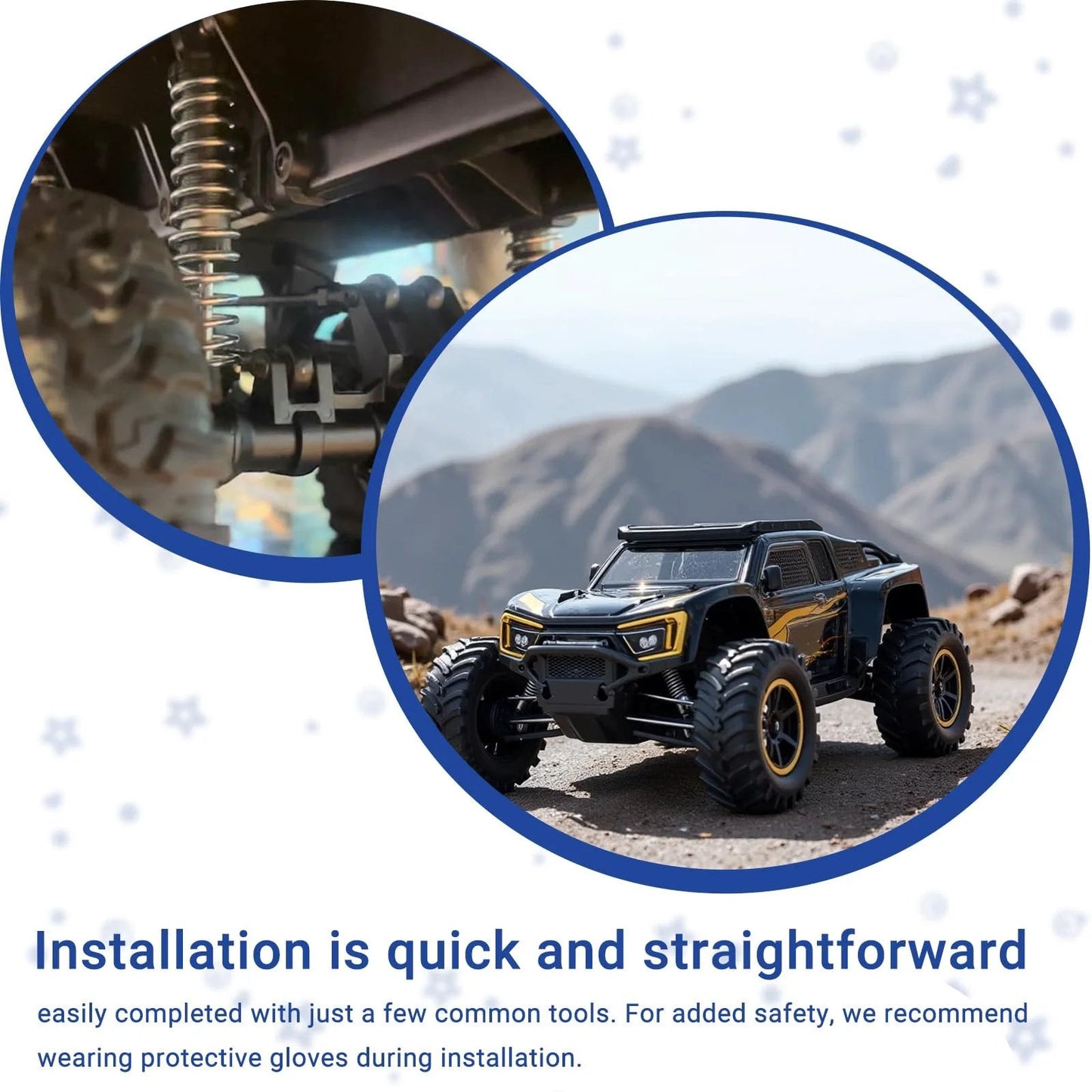 RC car with visible suspension springs off-road, illustrating the 9712 Compression Spring With Nickel Plated Finish And Spring Steel Construction For Appliances Automotive And Industrial Machinery 0.051 Inch Wire Diameter 9/16 Inch Outer Diameter 3 Inch Long 4 Pack.