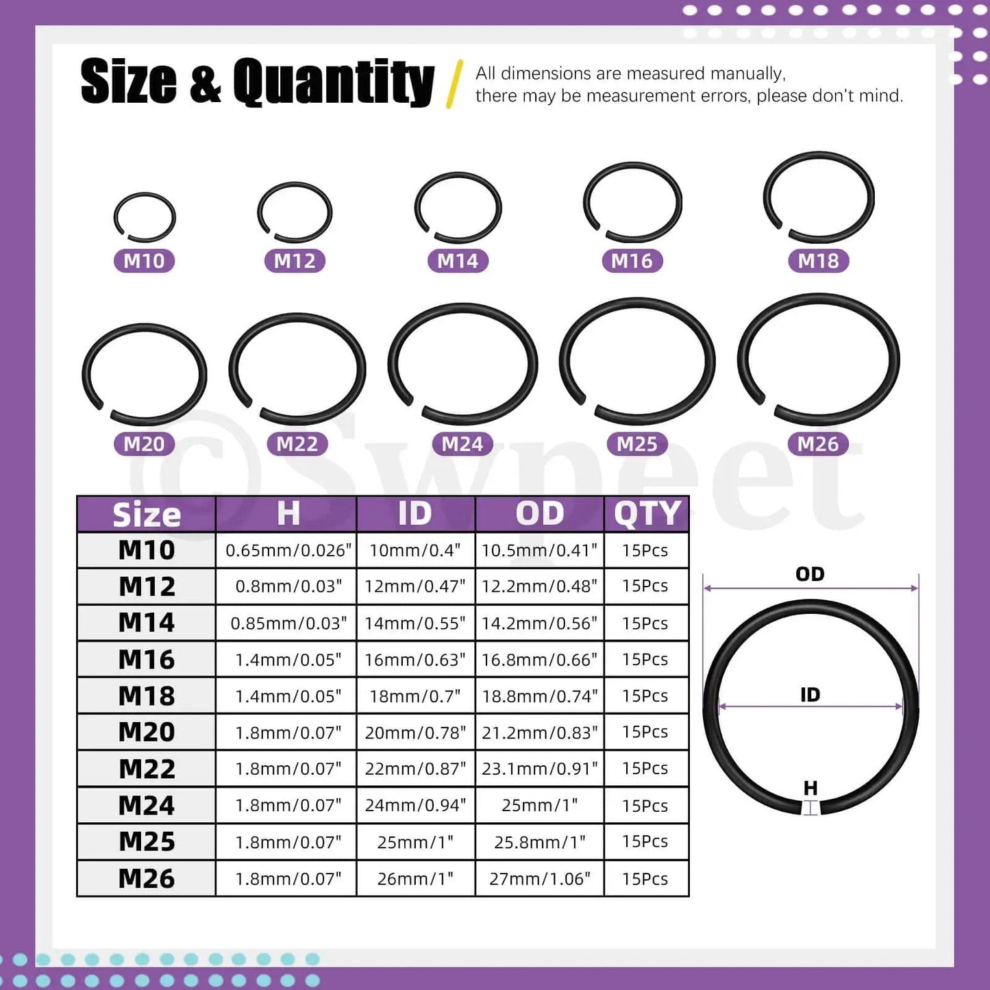 Chart showing sizes and quantities of All In One Snap Ring Kit for Bearings and Shafts, 150 Pcs External C Clips from 10mm to 26mm.