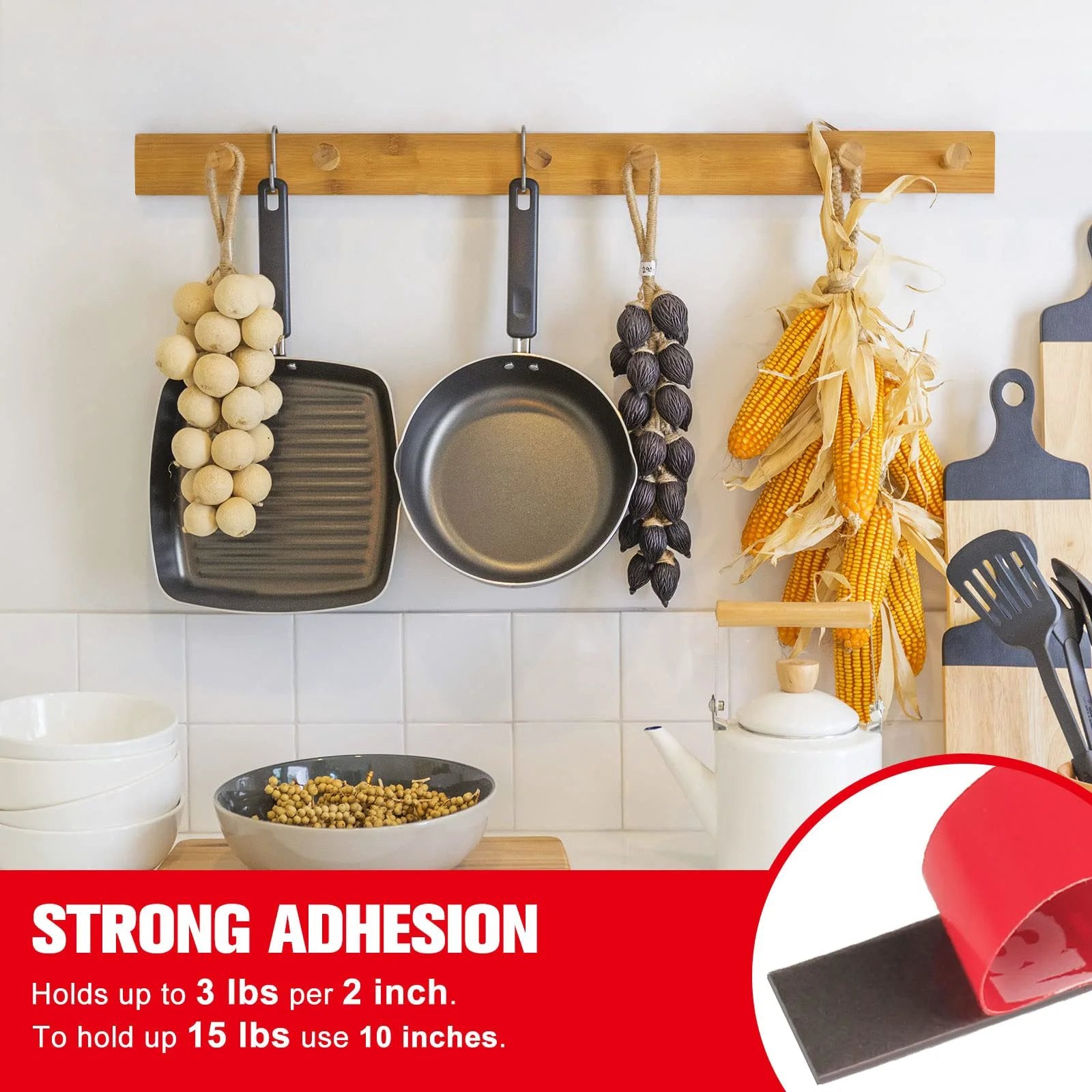 Heavy Duty Waterproof Double Sided Foam Tape 33ft Long 0.4 Inch Wide Strong Adhesive Mounting Tape For LED Strips Automotive Home Office Outdoor Decor 3M VHB Technology displayed holding kitchen pans and utensils.