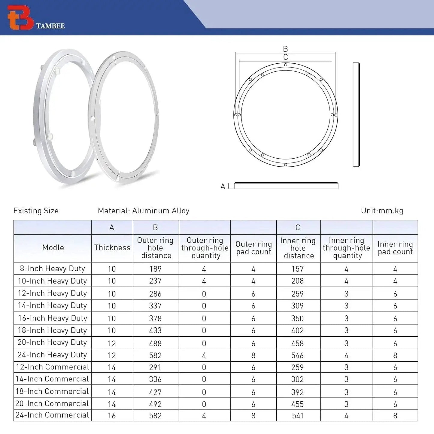 Diagram of Heavy Duty 12 Inch Lazy Susan Bearing Kit with Metal Turntable Ring 300mm for cabinets, showing specifications.