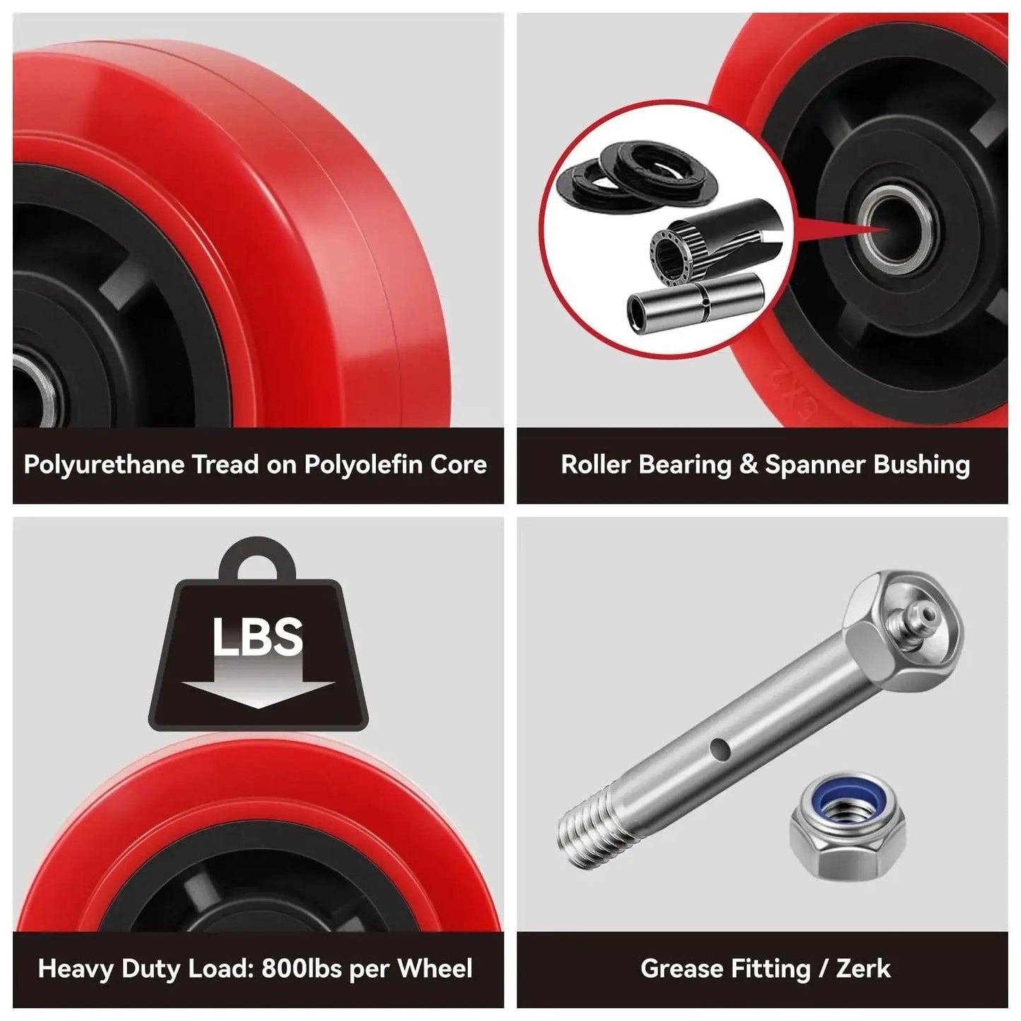 Close-up showing Five Inch Diameter By Two Inch Wide Heavy Duty Caster Wheel Set Of Four With 3200 Lbs Capacity Non Marking Polyurethane Tread Roller Bearing Half Inch Axle Bore Ideal For Carts, Dollies, Tool Carts And Utility Trolleys components.