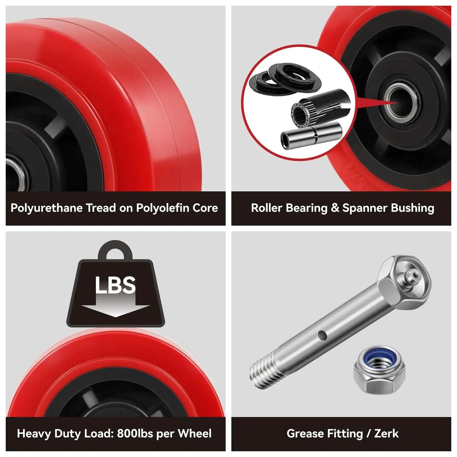 Close-up showing Five Inch Diameter By Two Inch Wide Heavy Duty Caster Wheel Set Of Four With 3200 Lbs Capacity Non Marking Polyurethane Tread Roller Bearing Half Inch Axle Bore Ideal For Carts, Dollies, Tool Carts And Utility Trolleys components.