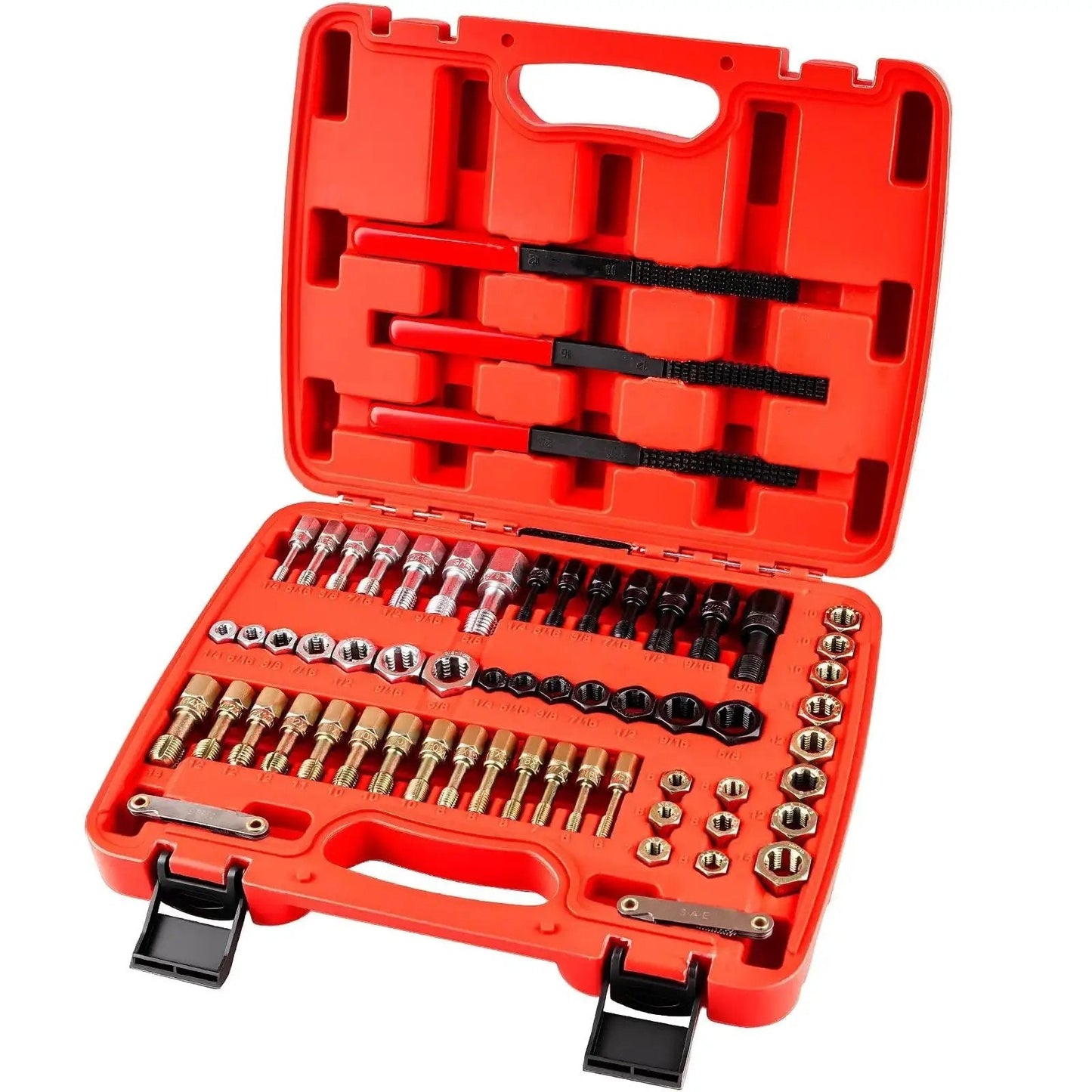 61 Pcs Thread Repair Kit With UNC UNF Metric Chasers Taps Dies And Pitch Gauge in red case, tools organized