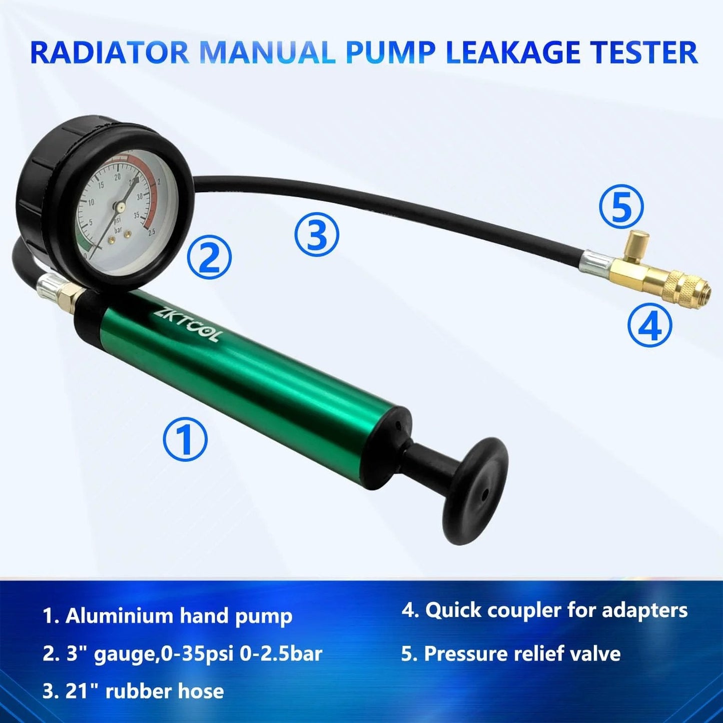 Aluminum Radiator Pressure Tester With Gauge For Auto Cooling System Universal Hand Pump With Multiple Adapters ZKTOOL