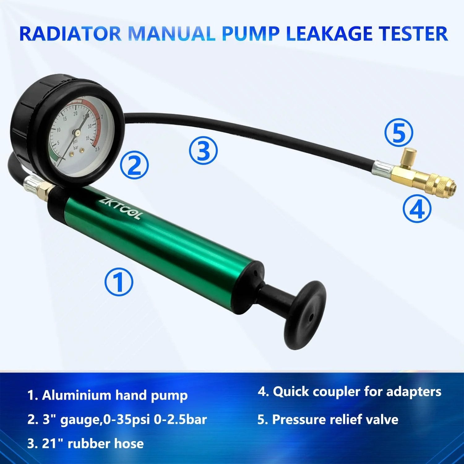 Aluminum Radiator Pressure Tester With Gauge For Auto Cooling System Universal Hand Pump With Multiple Adapters ZKTOOL