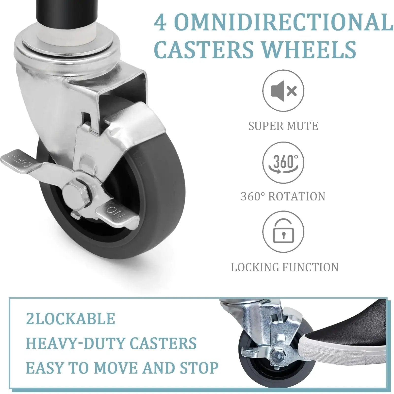 Four Inch Prep Table Casters Set Of Four Heavy Duty Expanding Stem Wheel Casters with brakes, rubber wheels, and locking function