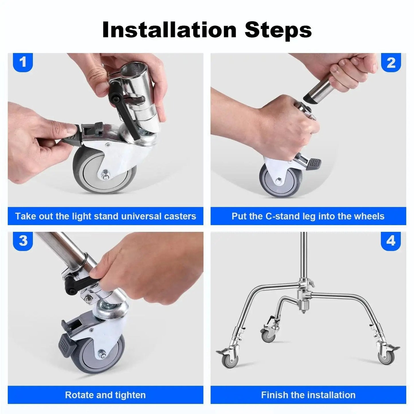 Step-by-step installation of Swivel Caster Wheels Set For C Stand 25mm Legs Compatible With Takerers Neewer And Other 25mm C Stand Bases 3 Pack