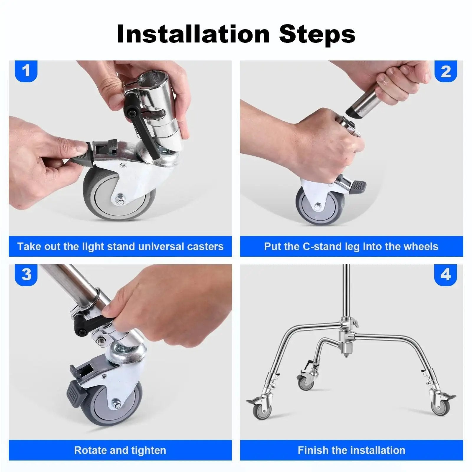 Step-by-step installation of Swivel Caster Wheels Set For C Stand 25mm Legs Compatible With Takerers Neewer And Other 25mm C Stand Bases 3 Pack