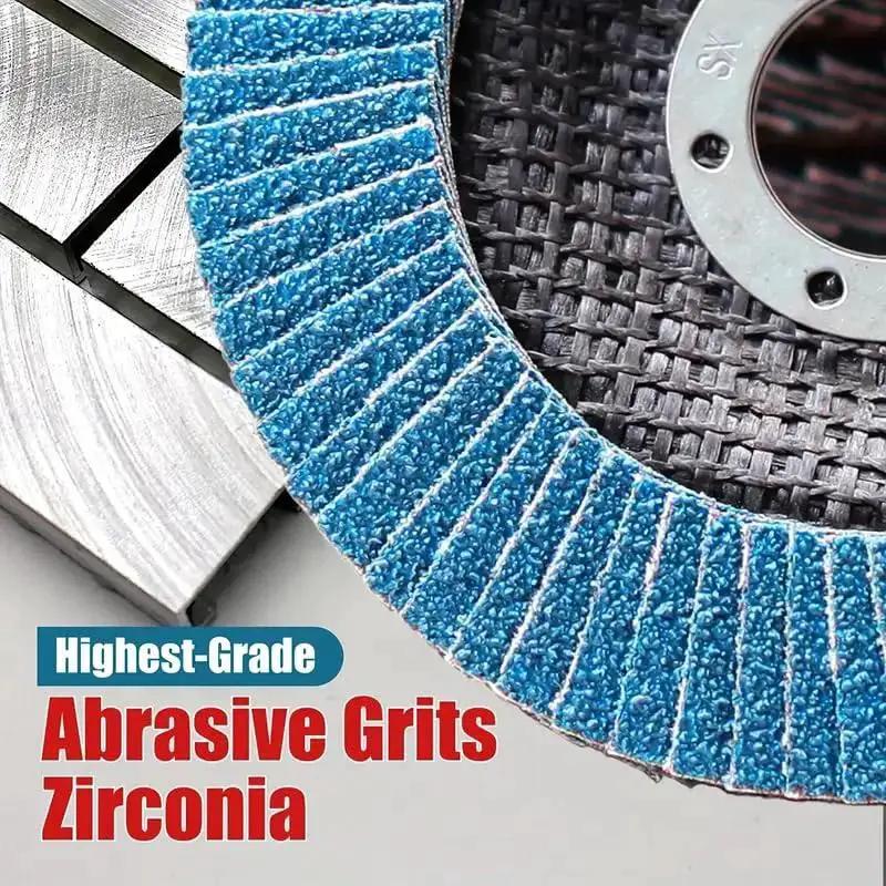 Close-up of blue flap disc with text 'Highest-Grade Abrasive Grits Zirconia', part of Premium Zirconia Flap Discs For Four And A Half Inch Angle Grinders 7 Eighths Inch Arbor 80 Grit High Density Efficient Sanding Stock And Rust Removal Finishing Grinding Deburring Blue