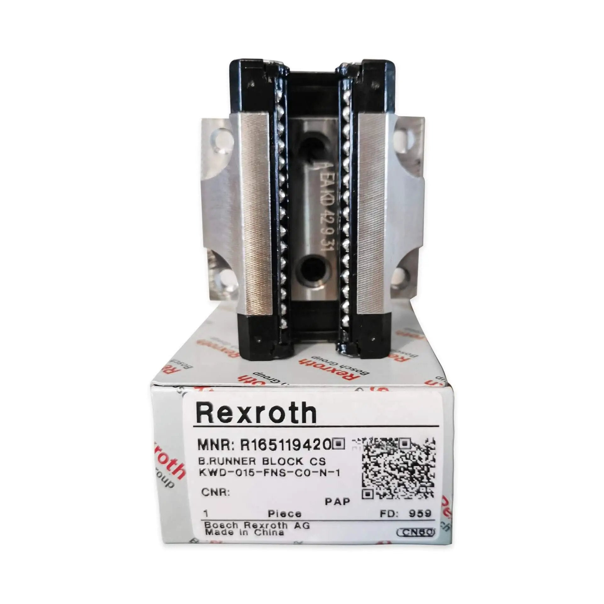 Single linear slide unit carriage R165119420 on box, precision guide block, front view, sealed ball bearing replacement part.