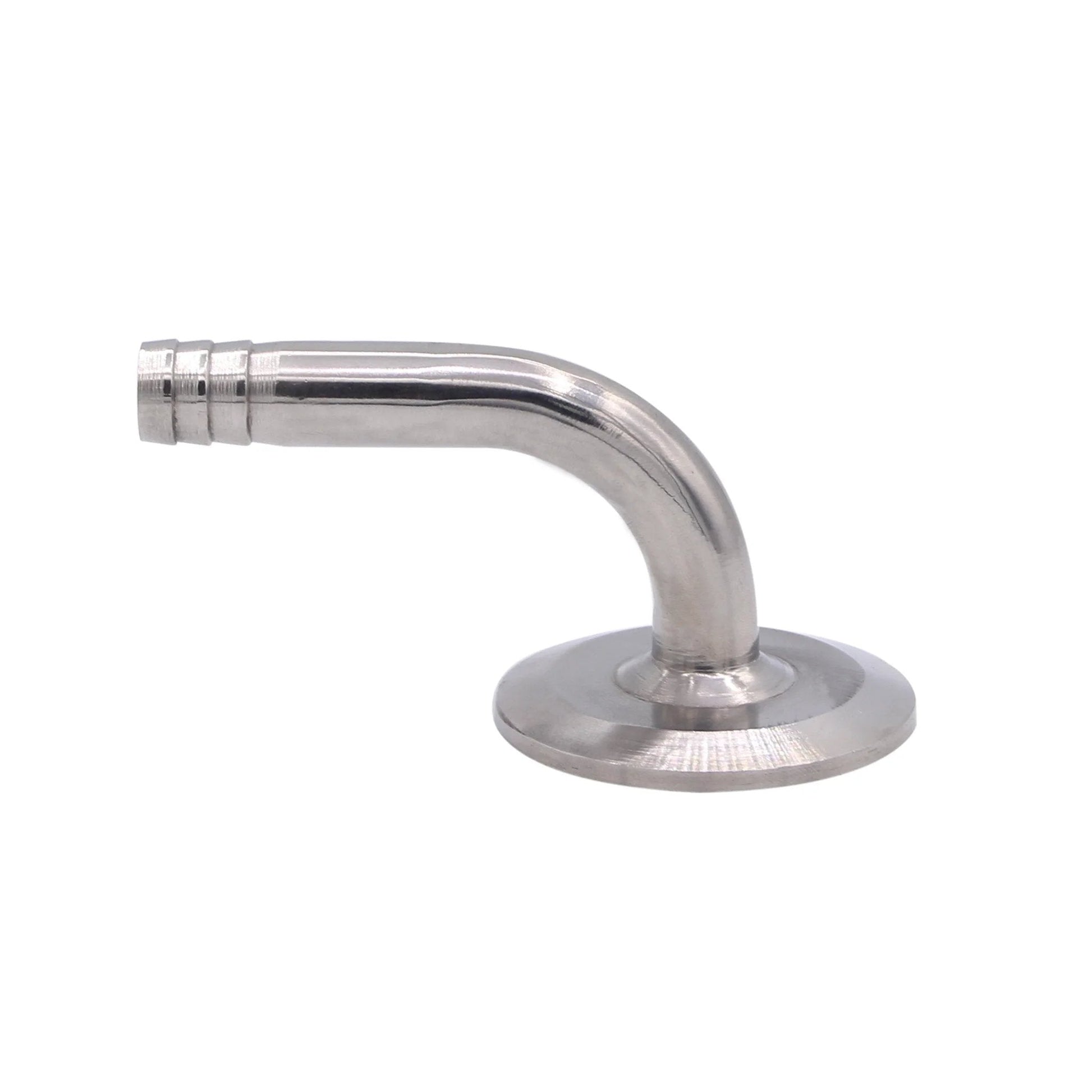 Side view of Sanitary Hose Barb Pipe Fitting 90 Degree Elbow For Rubber Hoses One Half Inch Barb 1.5 Inch Tri Clamp Ferrule