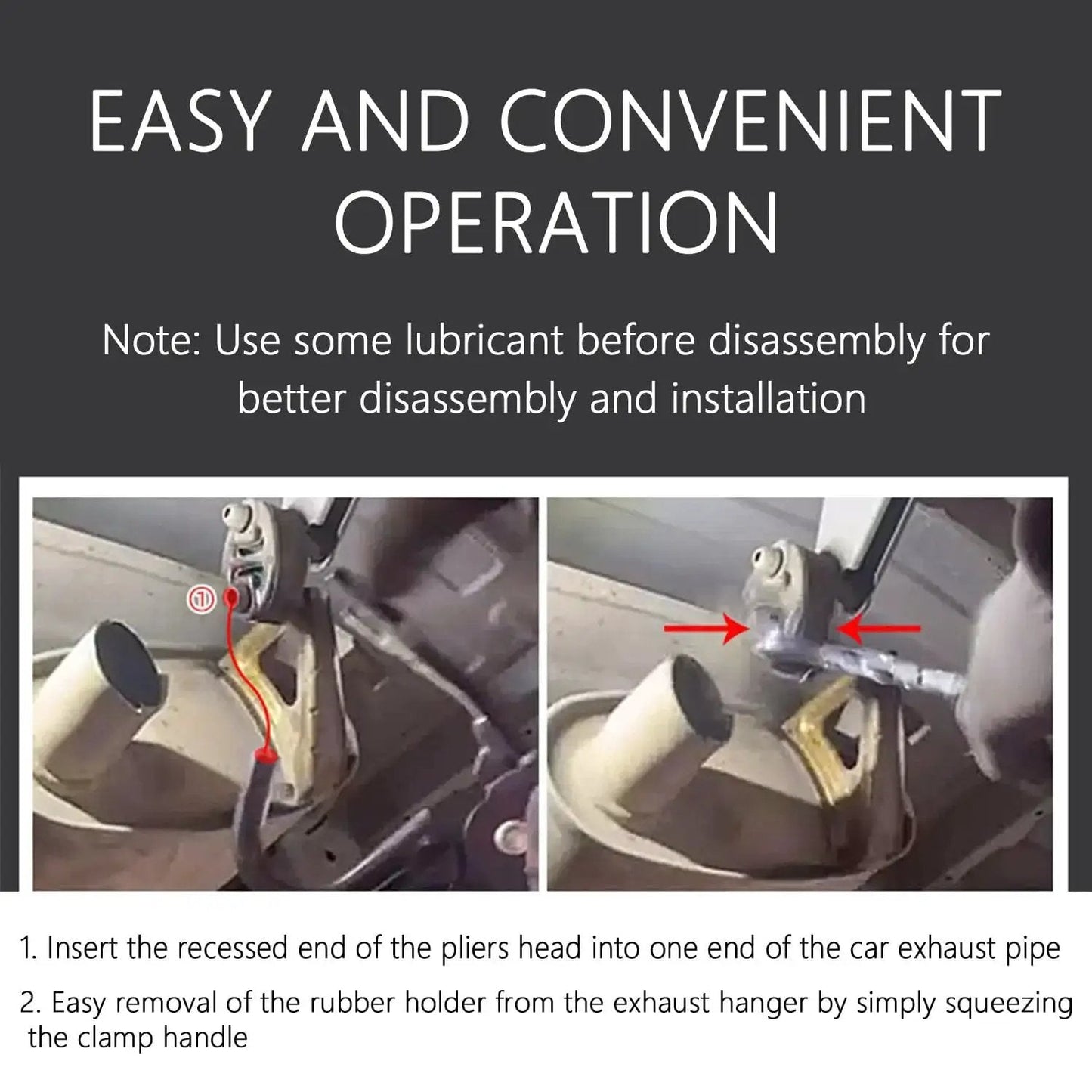 Exhaust Hanger Removal Tool With 25 Degree Offset Design And Non Slip Pliers in use on car exhaust system.