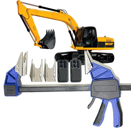 18 Inch Quick Coupler Pipe Clamps Includes Four Duo Jaw Sets With Jaws In One Half And Three Quarter Inches And Seven Eighths And Three Eighths Inches For Hydraulic Pipe Clamps Quick Coupler Tool Suitable For Excavators And Tractors Carbon Steel Upgrade with large yellow excavator background.