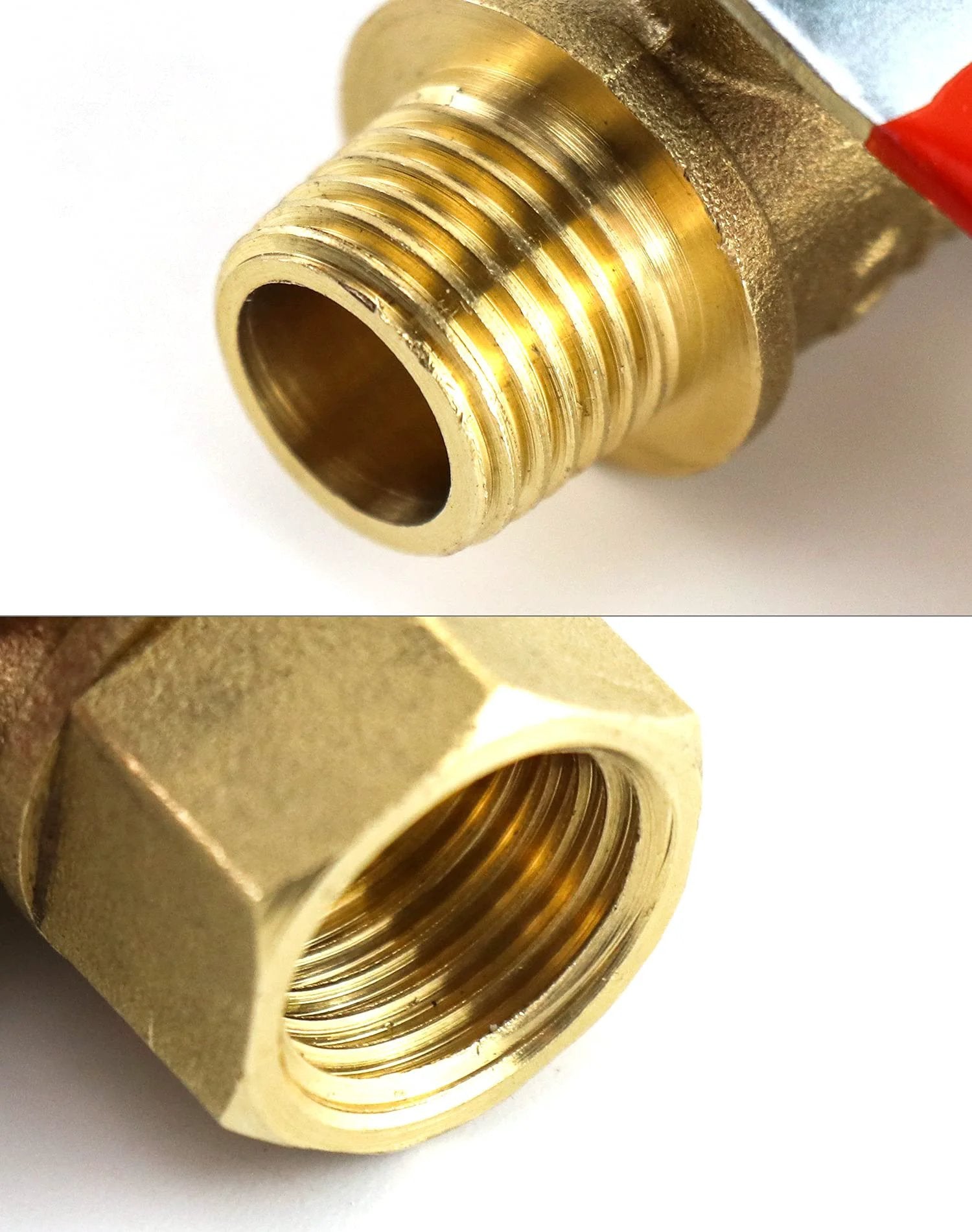 Close-up of 1/4 NPT male to female threads from heavy duty brass ball valve pack of six for air water oil gas applications 600 PSI