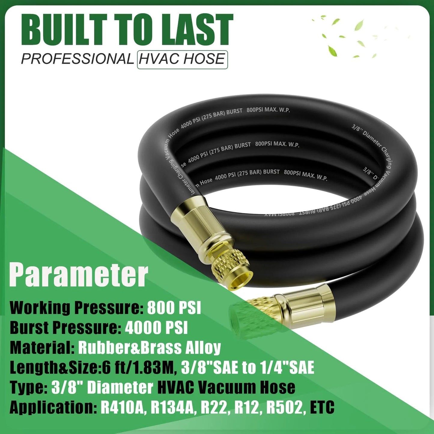 HVAC Vacuum Hose Six Foot Length With Three Eighths Inch Internal Diameter And Three Eighths To Quarter Inch Fittings Vacuum Certified High Flow Hose 800 PSI Working Pressure And 4000 PSI Burst Built For Refrigeration And Air Conditioning Equipment
