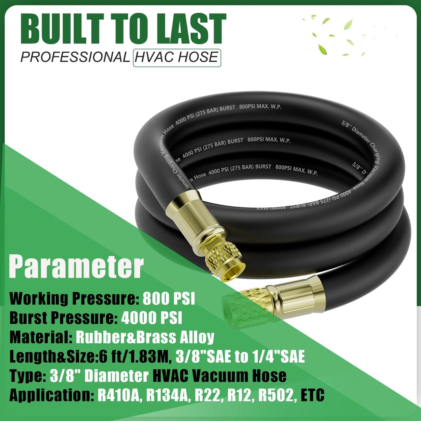 HVAC Vacuum Hose Six Foot Length With Three Eighths Inch Internal Diameter And Three Eighths To Quarter Inch Fittings Vacuum Certified High Flow Hose 800 PSI Working Pressure And 4000 PSI Burst Built For Refrigeration And Air Conditioning Equipment
