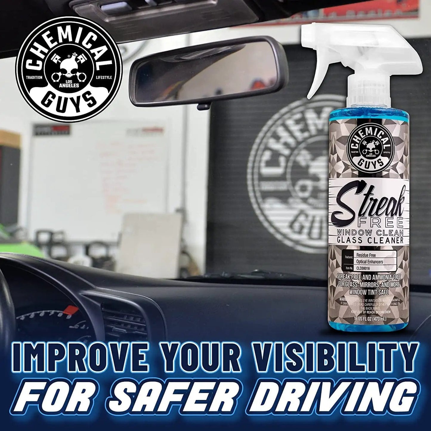 Streak Free Glass And Window Cleaner That Delivers Crystal Clear Windows For Car, Truck, SUV And Home, Mirrors And Navigation Screens, Ammonia Free And Safe On Tinted Glass 473 Ml From Chemical Guys in a car interior with spray bottle focus.