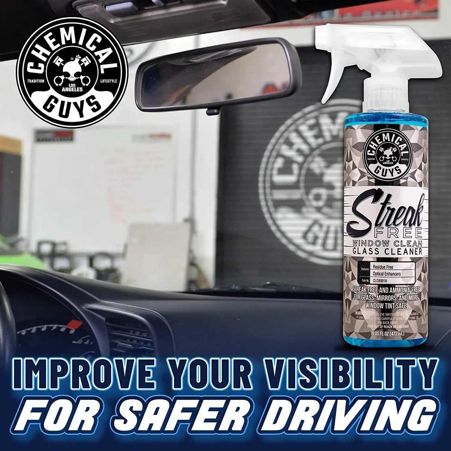 Streak Free Glass And Window Cleaner That Delivers Crystal Clear Windows For Car, Truck, SUV And Home, Mirrors And Navigation Screens, Ammonia Free And Safe On Tinted Glass 473 Ml From Chemical Guys in a car interior with spray bottle focus.