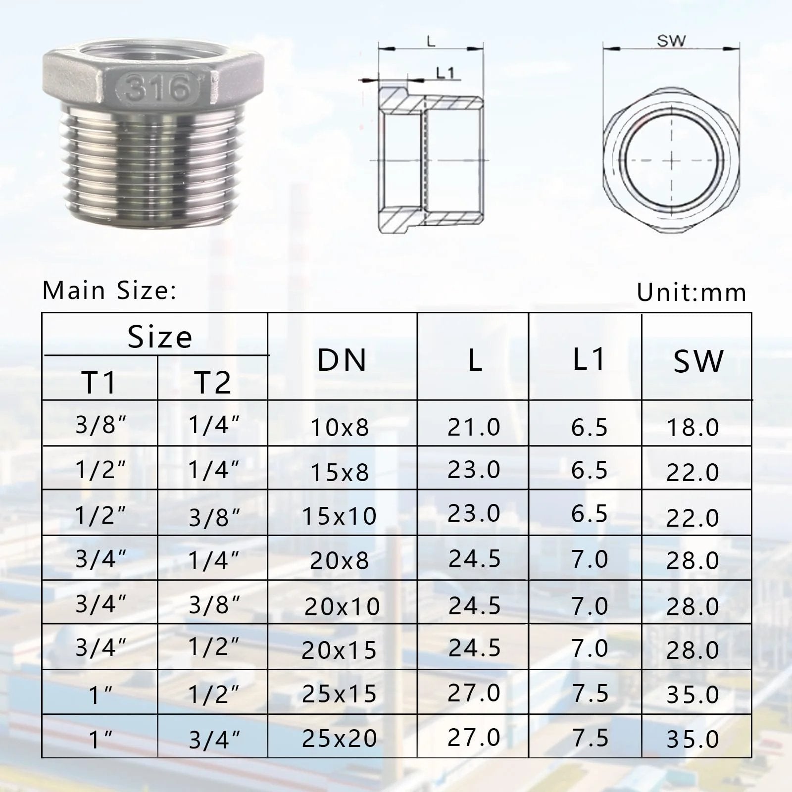 Chart and diagram of Heavy Duty 316 Stainless Steel Hex Bushing Reducer Three Quarter Inch To One Quarter Inch NPT Male To Female Pipe Fitting Adapter Corrosion Resistant Connector For Plumbing Hydraulic Air Oil And Gas Systems.