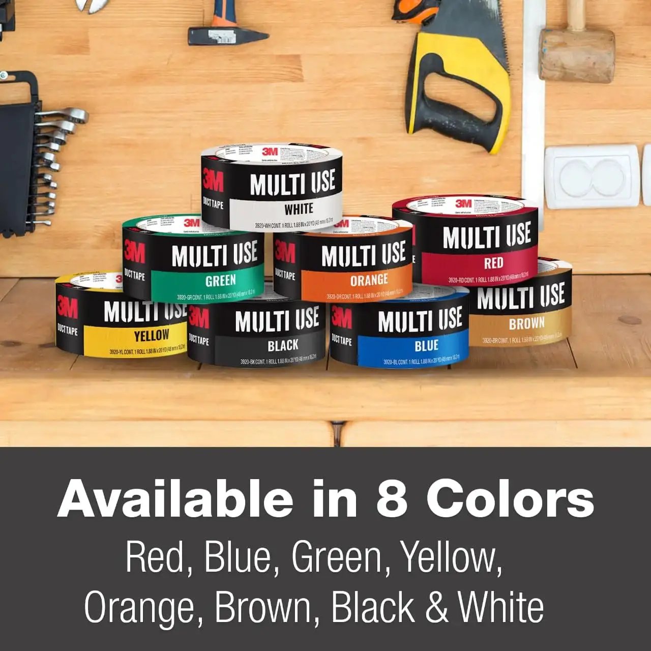 Black Duct Tape 1.88 Inch By 20 Yard Roll For Indoor And Outdoor Use stacked with other colored tapes on a workbench
