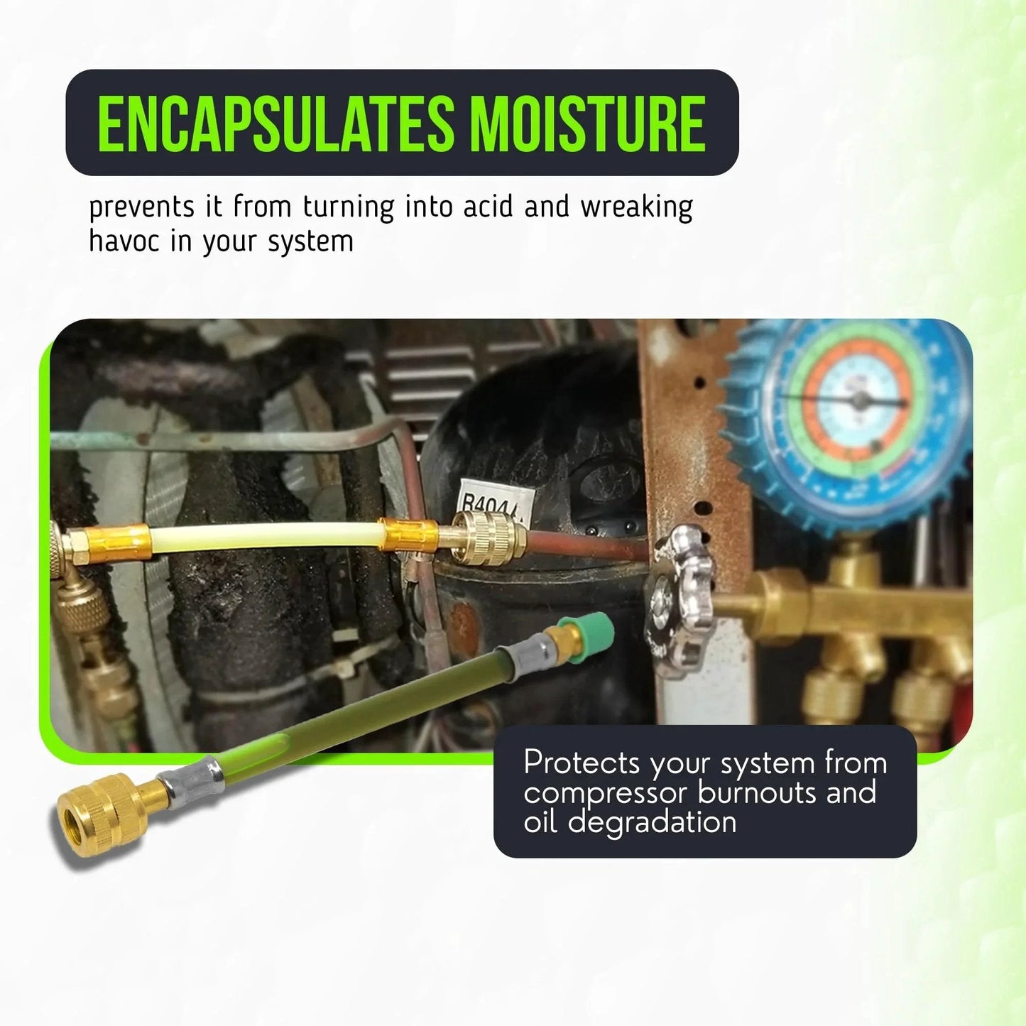 Close-up of All In One Leak Sealer For HVAC Systems Up To 5 Tons With Moisture Remover And UV Dye 3 In 1 Direct Inject Formula usage.