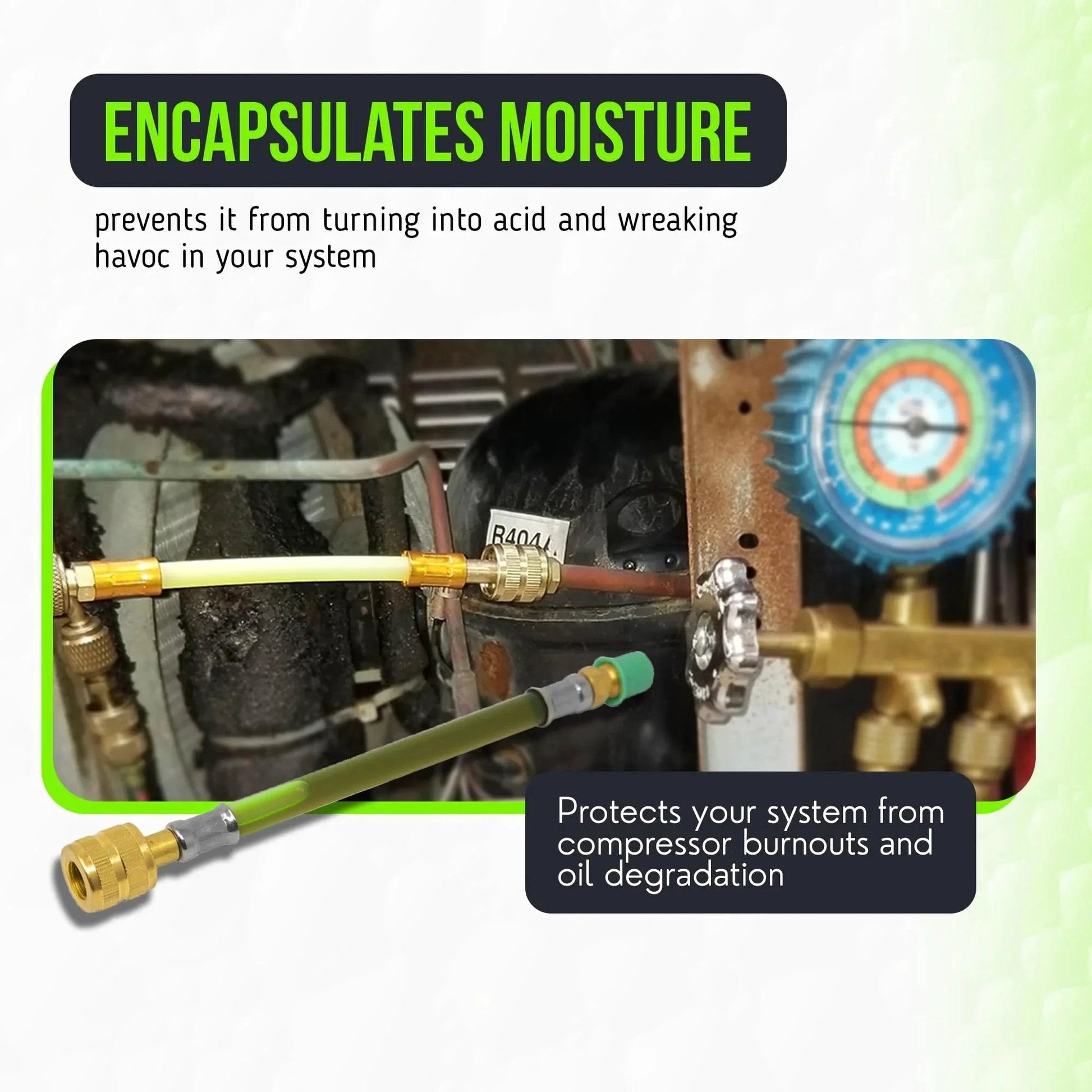 Close-up of All In One Leak Sealer For HVAC Systems Up To 5 Tons With Moisture Remover And UV Dye 3 In 1 Direct Inject Formula usage.