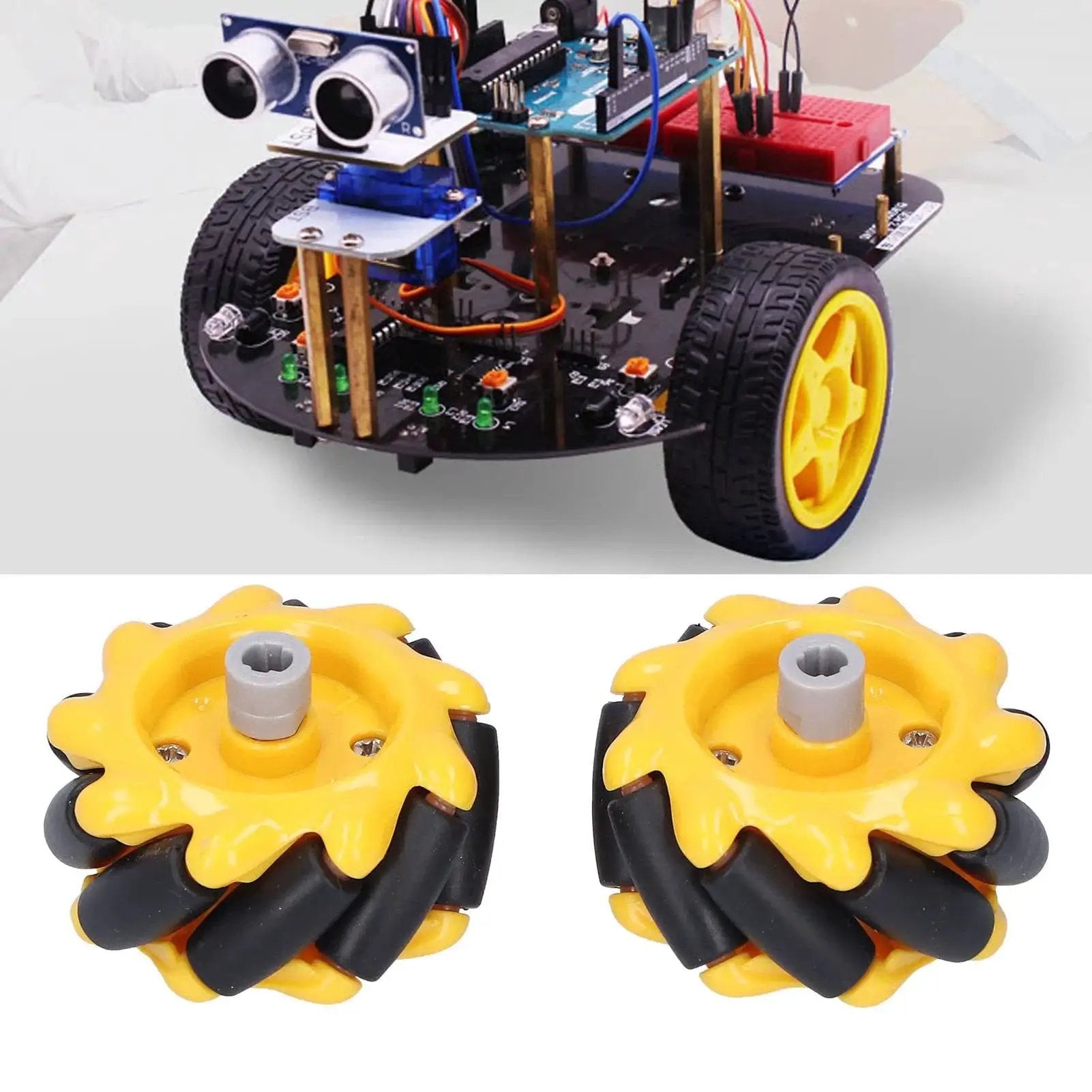 Ultra Smooth Mecanum Wheels For Smart Robot Car Omni Directional Movement ABS Rubber 48mm Wheels Compatible With TT Motor And Building Blocks Left Right Pair DIY Robotics Kit For Pros By Fuchooky, focusing on yellow wheels.